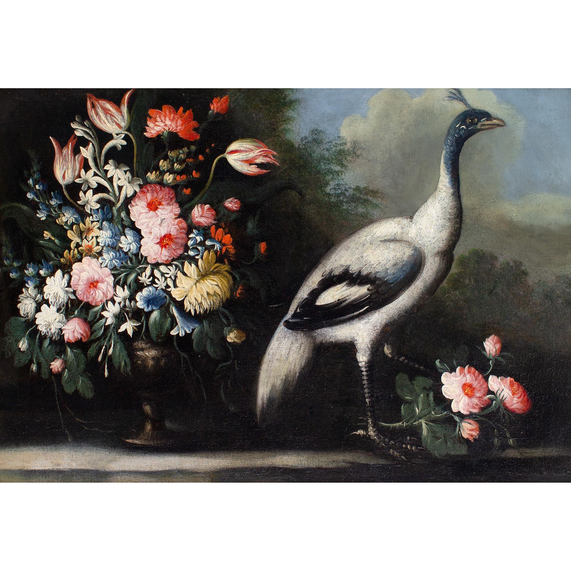 Giuseppe Pesci (Attributed), Still Life With Flowers, Vase & Peacock For Sale 1
