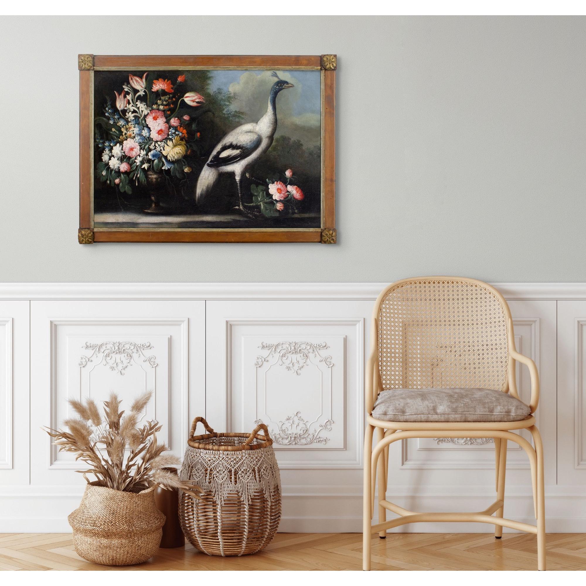 Giuseppe Pesci (Attributed), Still Life With Flowers, Vase & Peacock For Sale 2