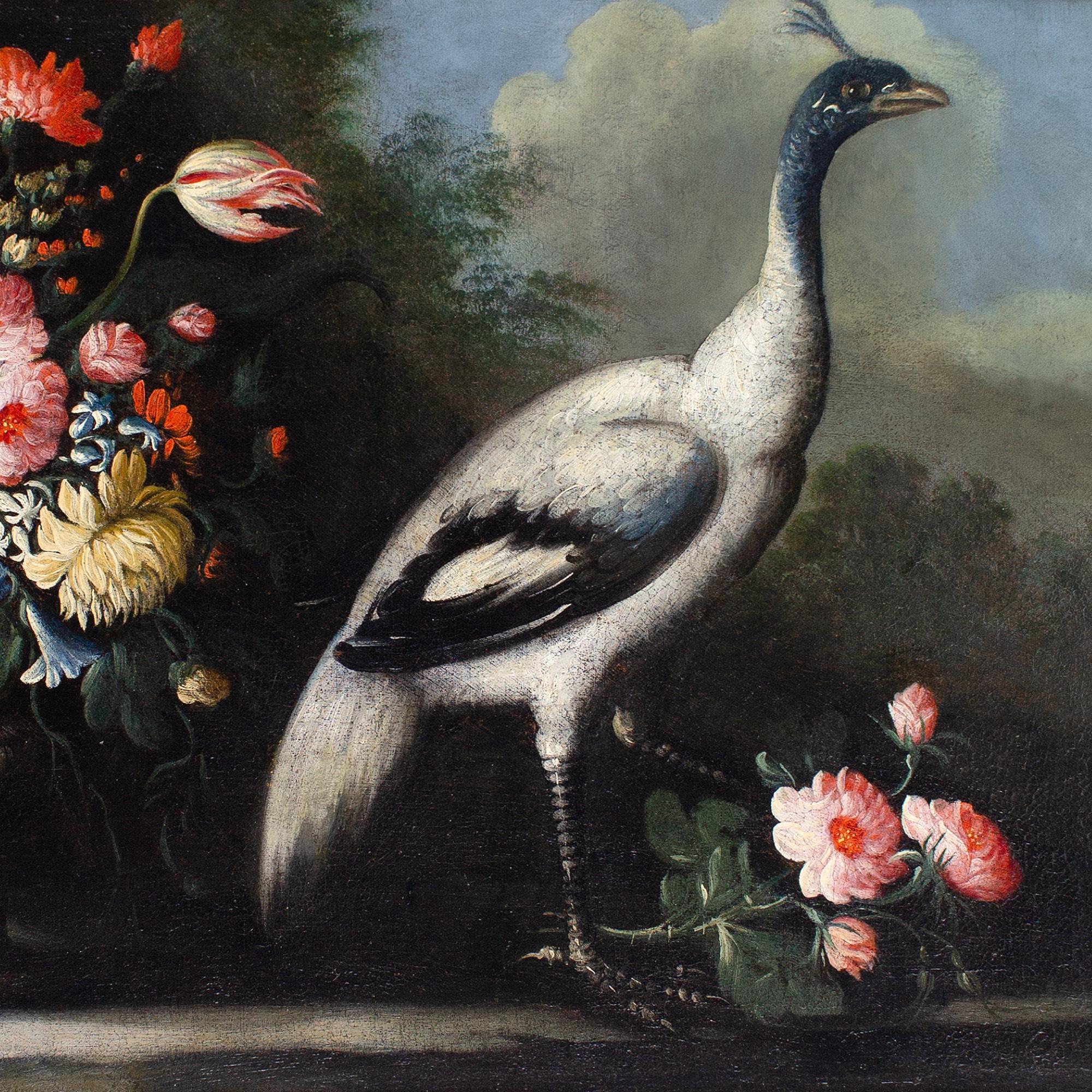 Giuseppe Pesci (Attributed), Still Life With Flowers, Vase & Peacock For Sale 3