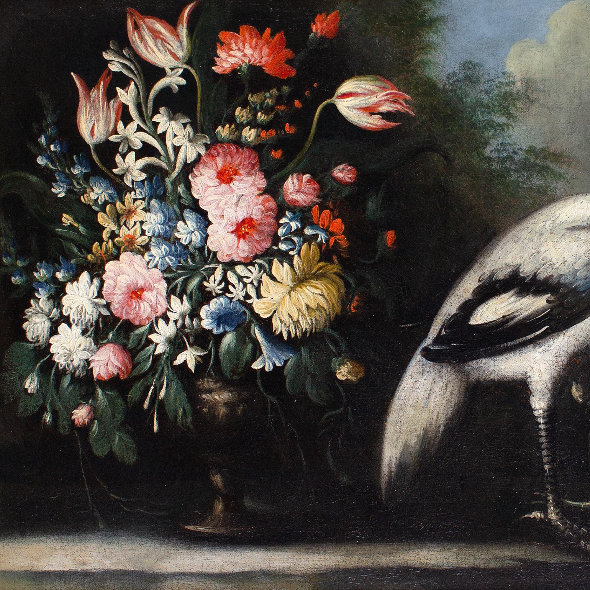 Giuseppe Pesci (Attributed), Still Life With Flowers, Vase & Peacock For Sale 4