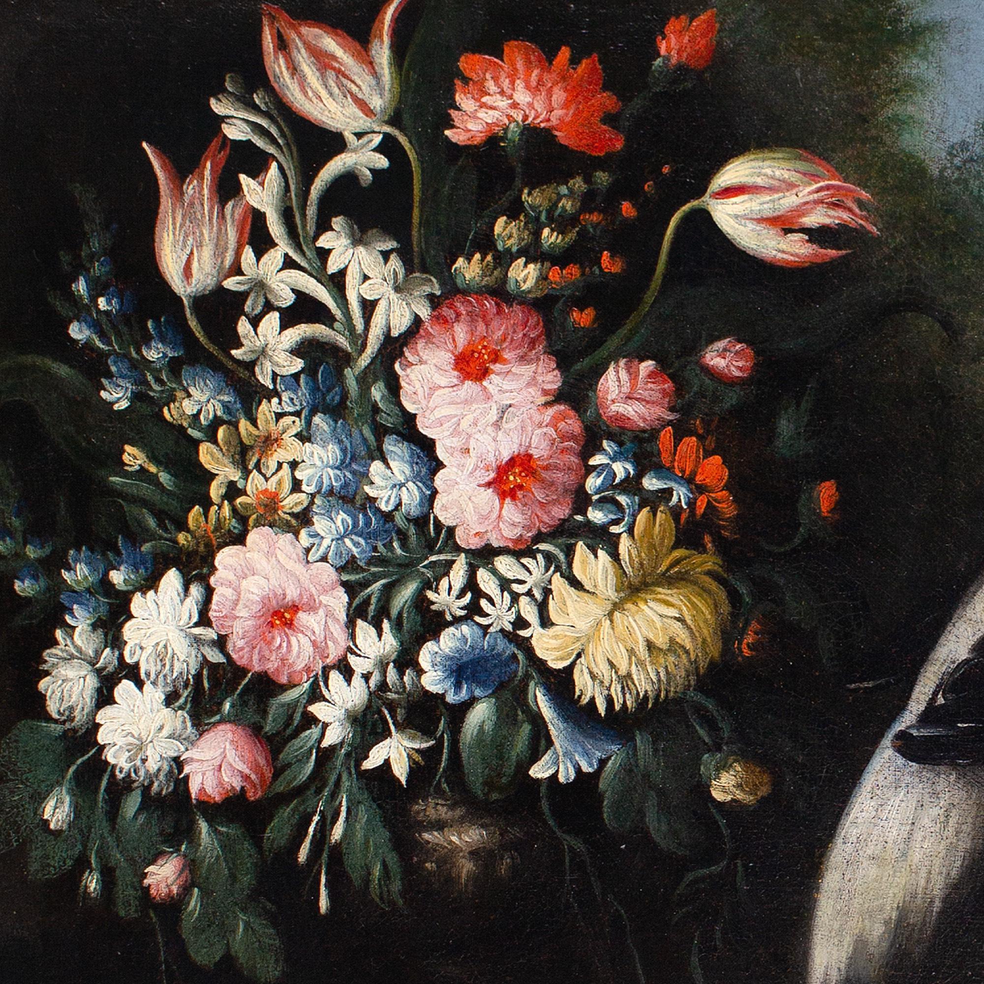 Giuseppe Pesci (Attributed), Still Life With Flowers, Vase & Peacock For Sale 6