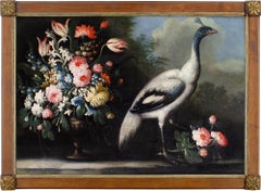 Giuseppe Pesci (Atribuido), Bodegón con flores, jarrón y pavo real