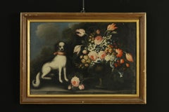 Giuseppe Pesci Flower Still Life with Puppy Oil Painting 18th Century