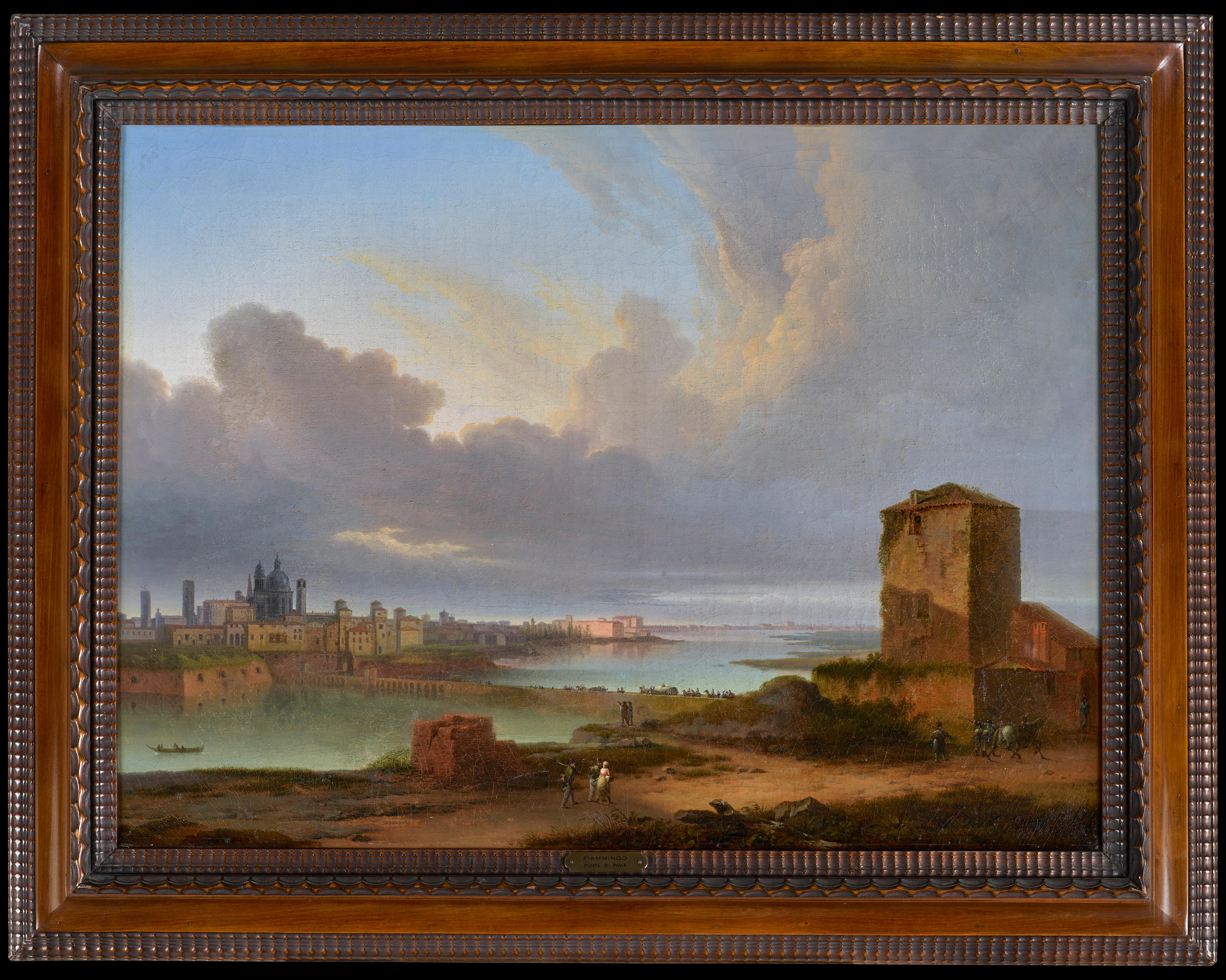 Paar italienische Landschaften, Castell Sforzesco und Ponte di Pavia (Braun), Figurative Painting, von Giuseppe Pietro Bagetti