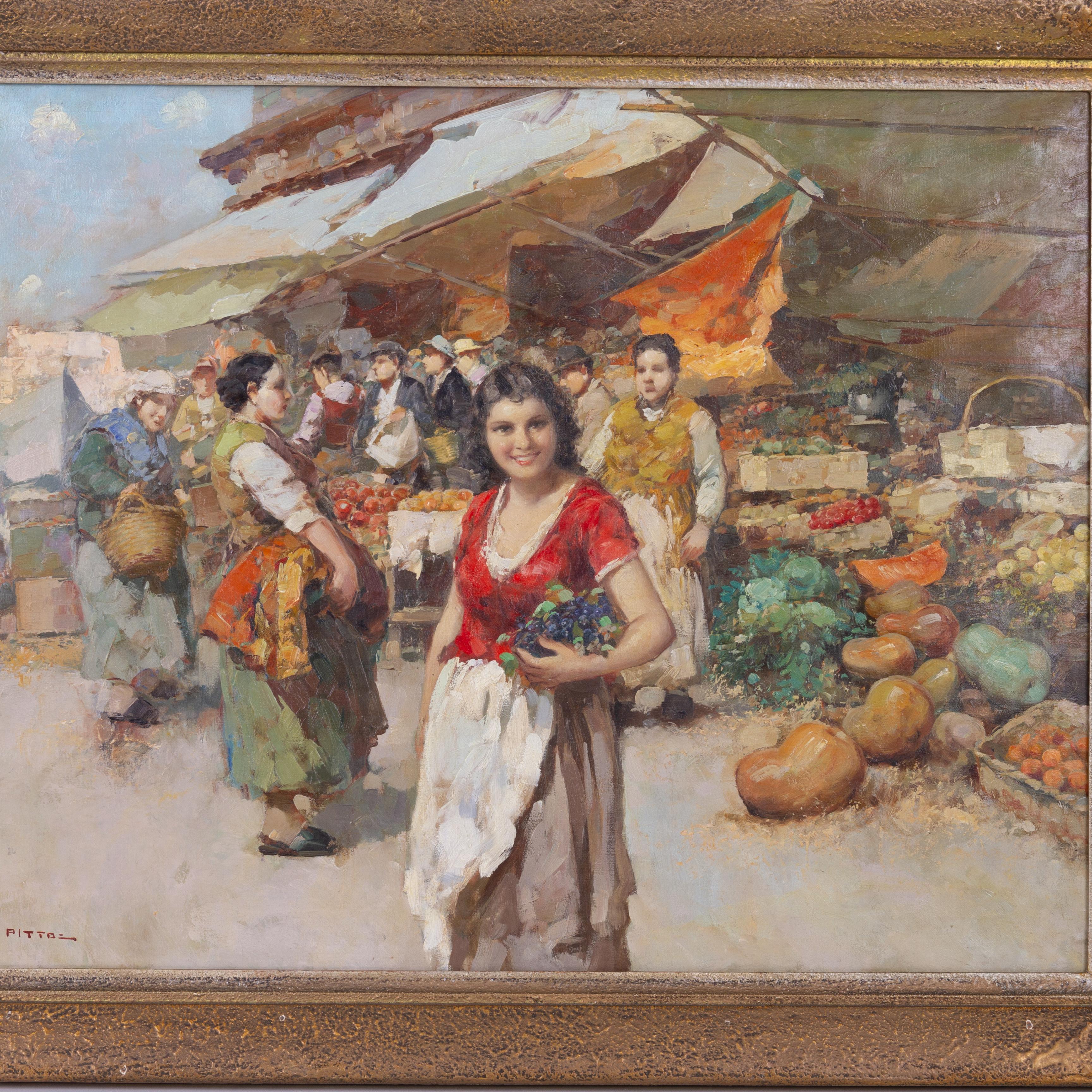 En bon état.
D'une collection privée
Expédition internationale gratuite
Giuseppe Pitto (italien, 1857-1928) grande peinture à l'huile du marché italien 
