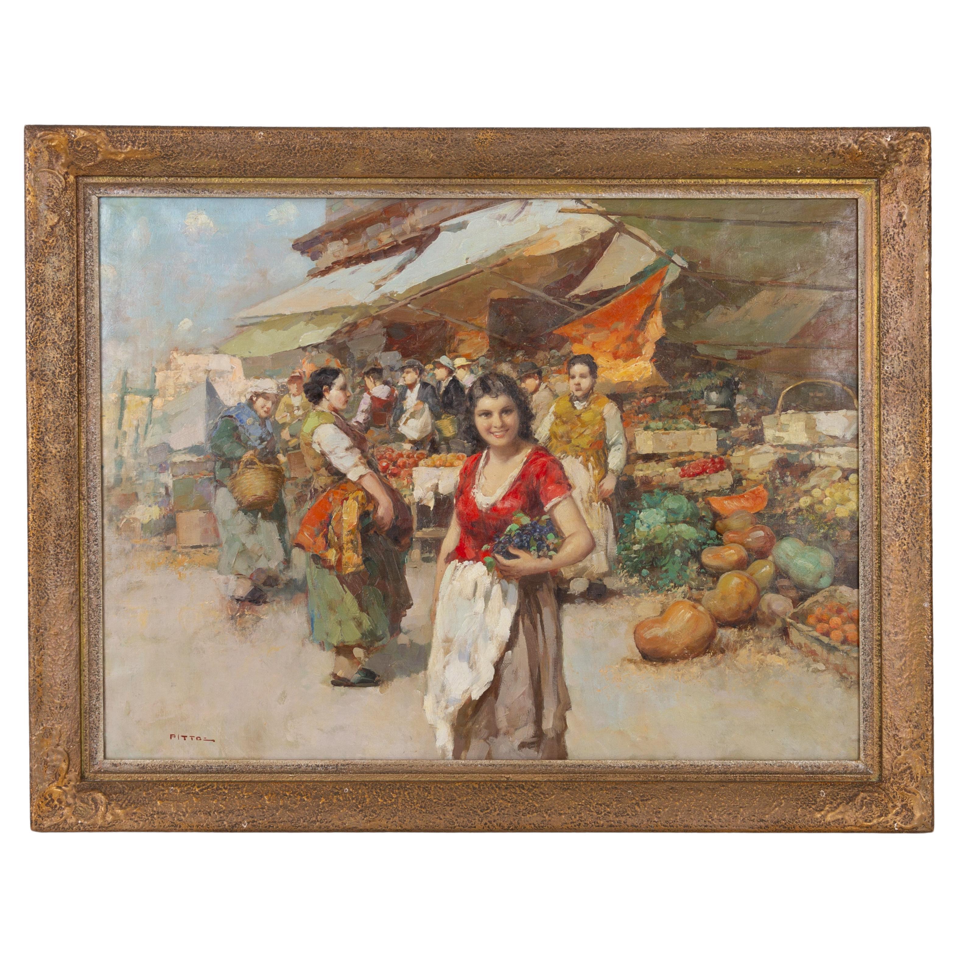 Giuseppe Pitto (Italian, 1857-1928) Large Italian Market Oil Painting 