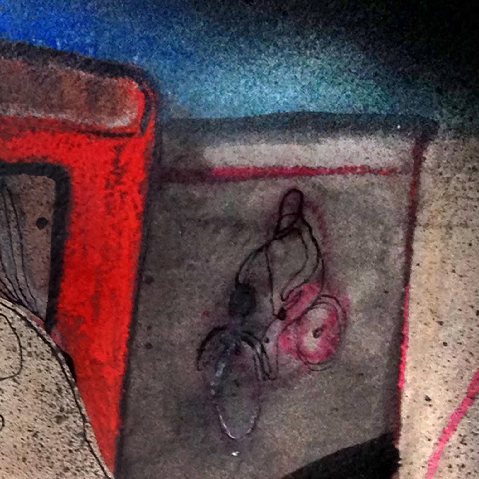 Fermata Bus - Parada de Autobús, Arte Urbano, Pintura Narrativa, Autobús Rojo, Collage - Painting Expresionista de Giuseppe Ragazzini