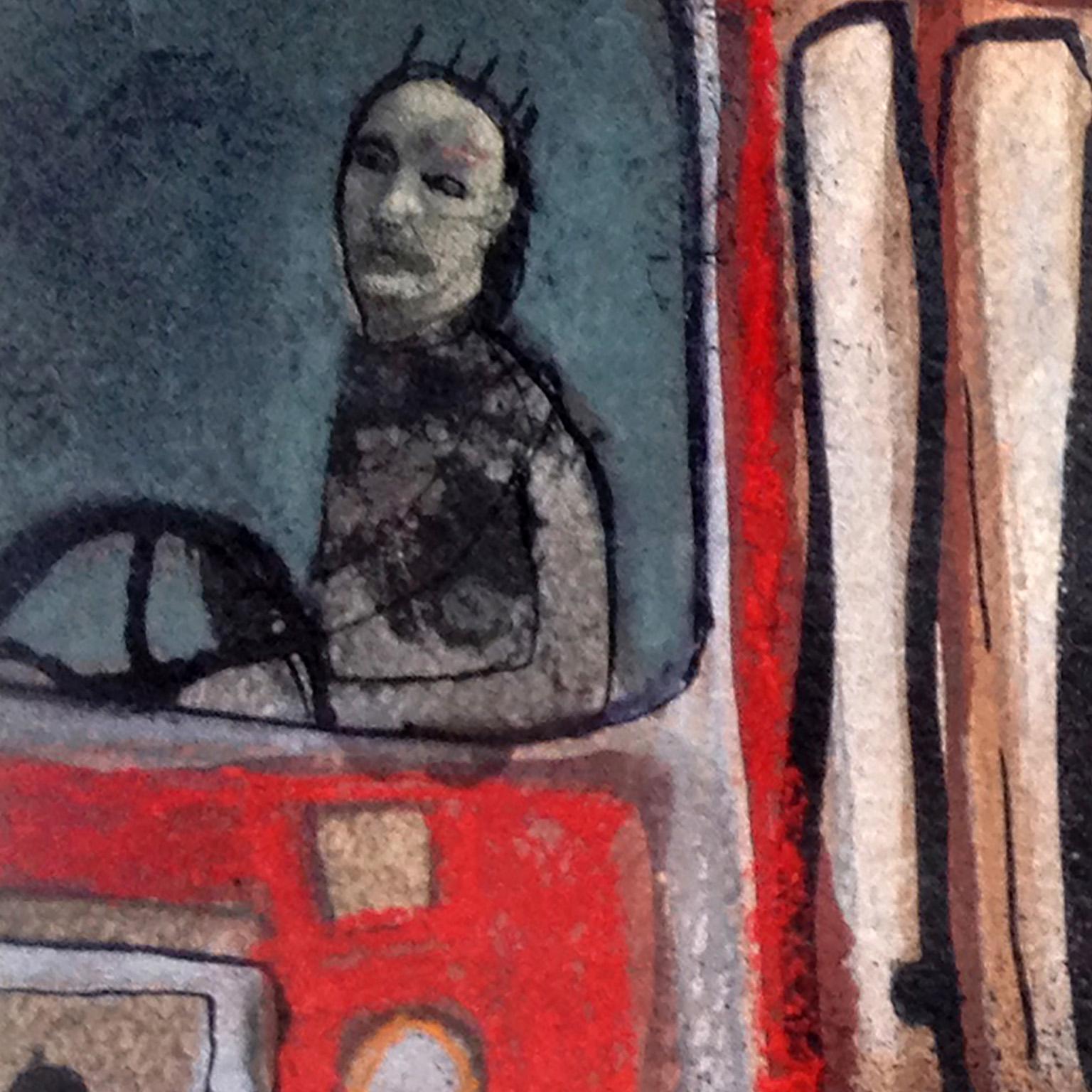 Fermata Bus - Parada de Autobús, Arte Urbano, Pintura Narrativa, Autobús Rojo, Collage - Landscape Painting Negro de Giuseppe Ragazzini