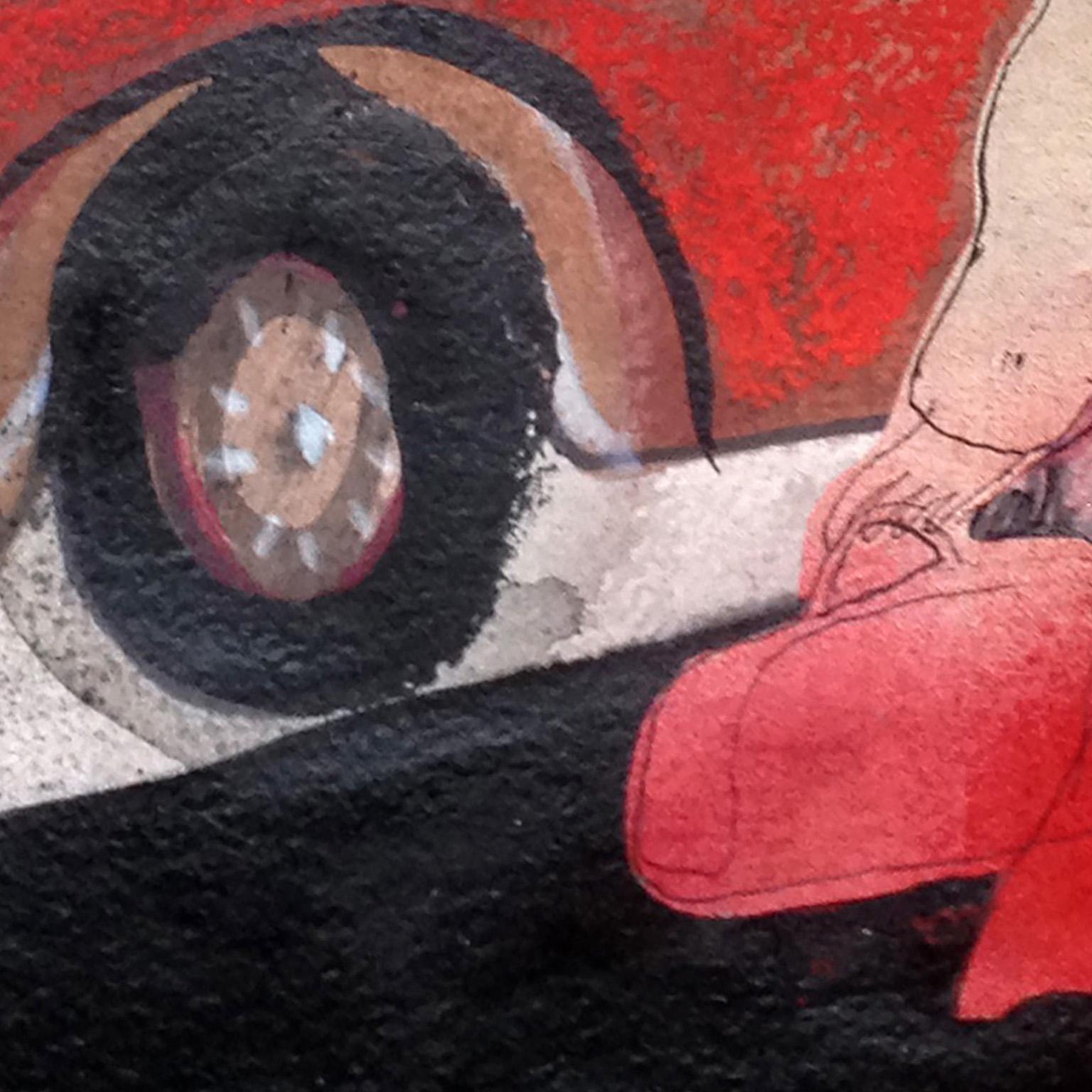 El Autobús Fermata de Giuseppe Ragazzini capta la naturaleza fugaz y a menudo surrealista de la vida urbana mediante una magistral mezcla de elementos dibujados a mano y collage. La figura central, semitransparente y bañada en un llamativo tono