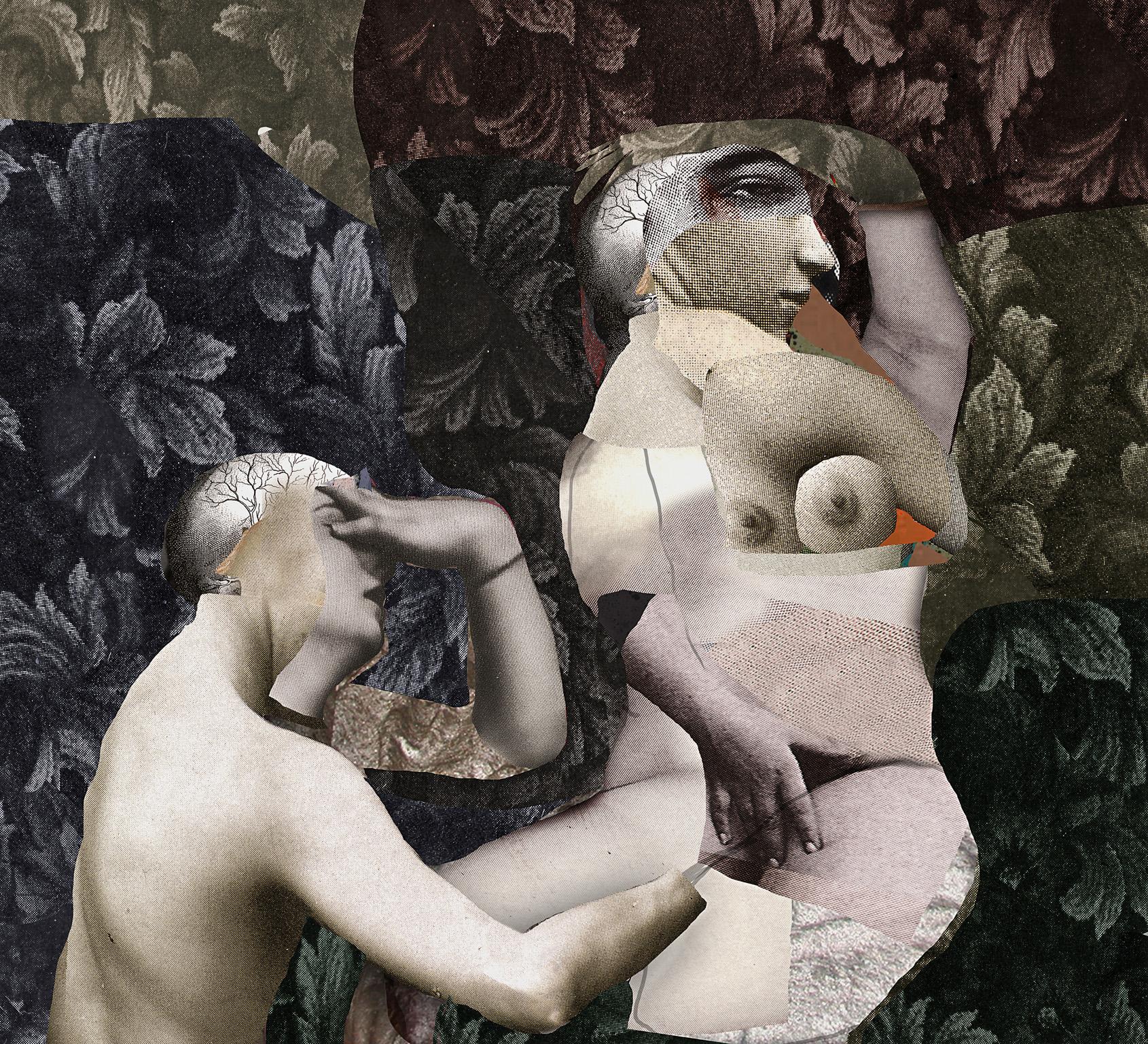 Nude Print di Giuseppe Ragazzini - Kamasutra I - arte erotica, collage, arazzo floreale, nudo, sensualità nell'arte