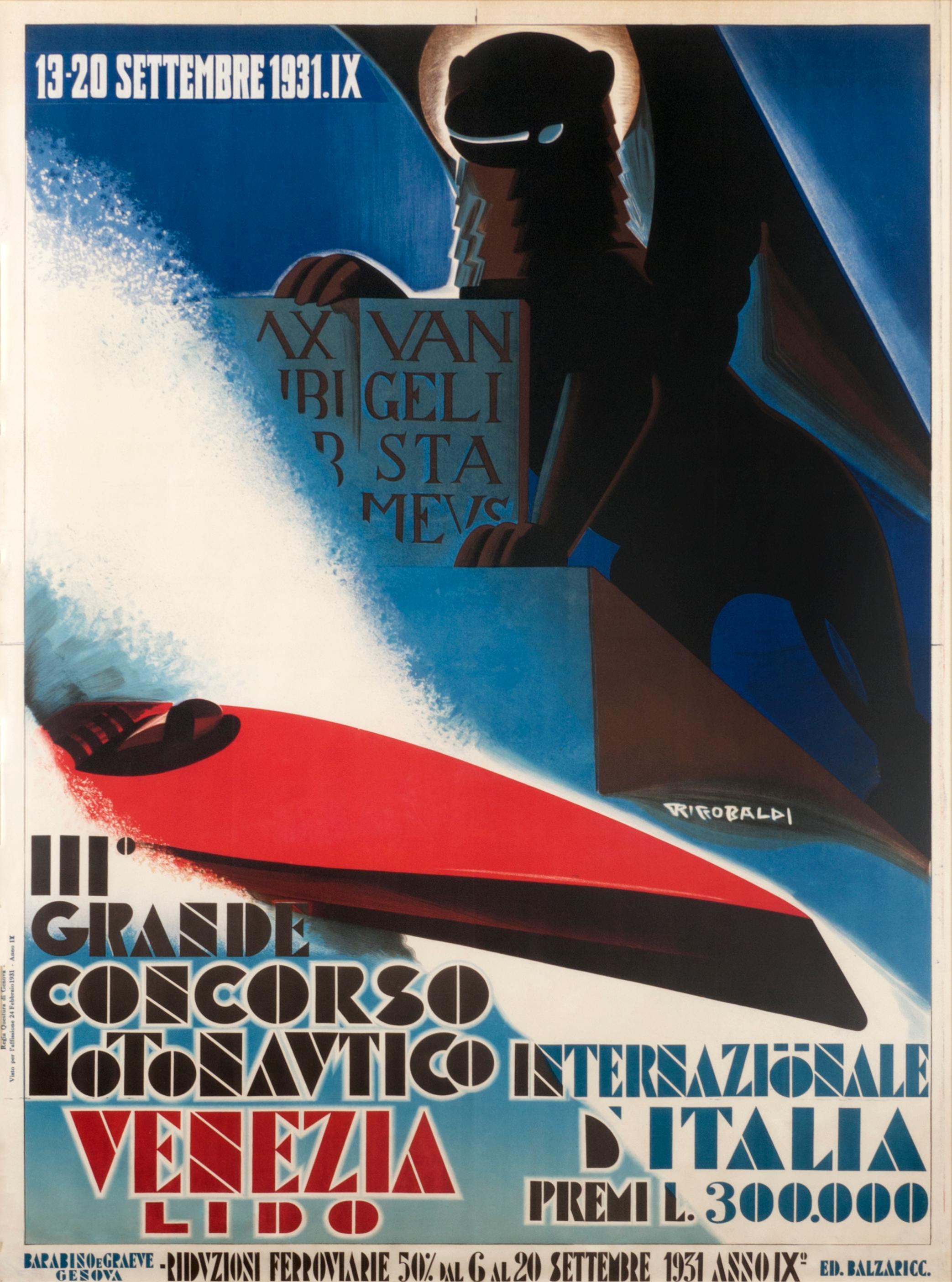 "Grande Concorso Motonautico Venezia" Original Vintage Speed Boat Poster 1930s - Print by Giuseppe Riccobaldi