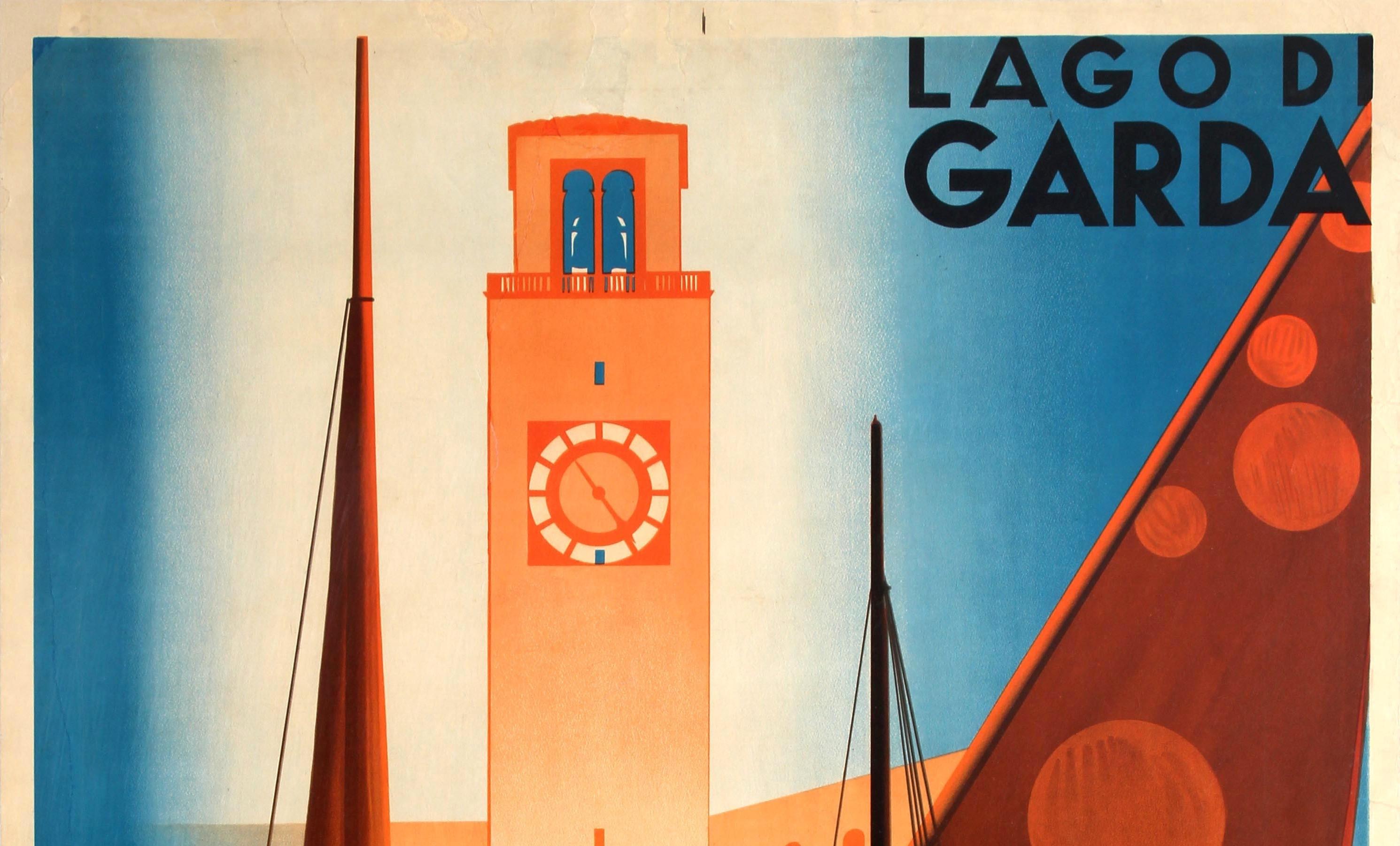 Original Vintage ENIT Italy Travel Poster Lago Di Garda Riva Torbole Clock Sails - Print by Giuseppe Riccobaldi