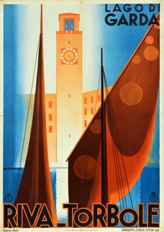 Affiche rétro originale de voyage Lago Di Garda lac Riva Torbole Italie Voile d'art