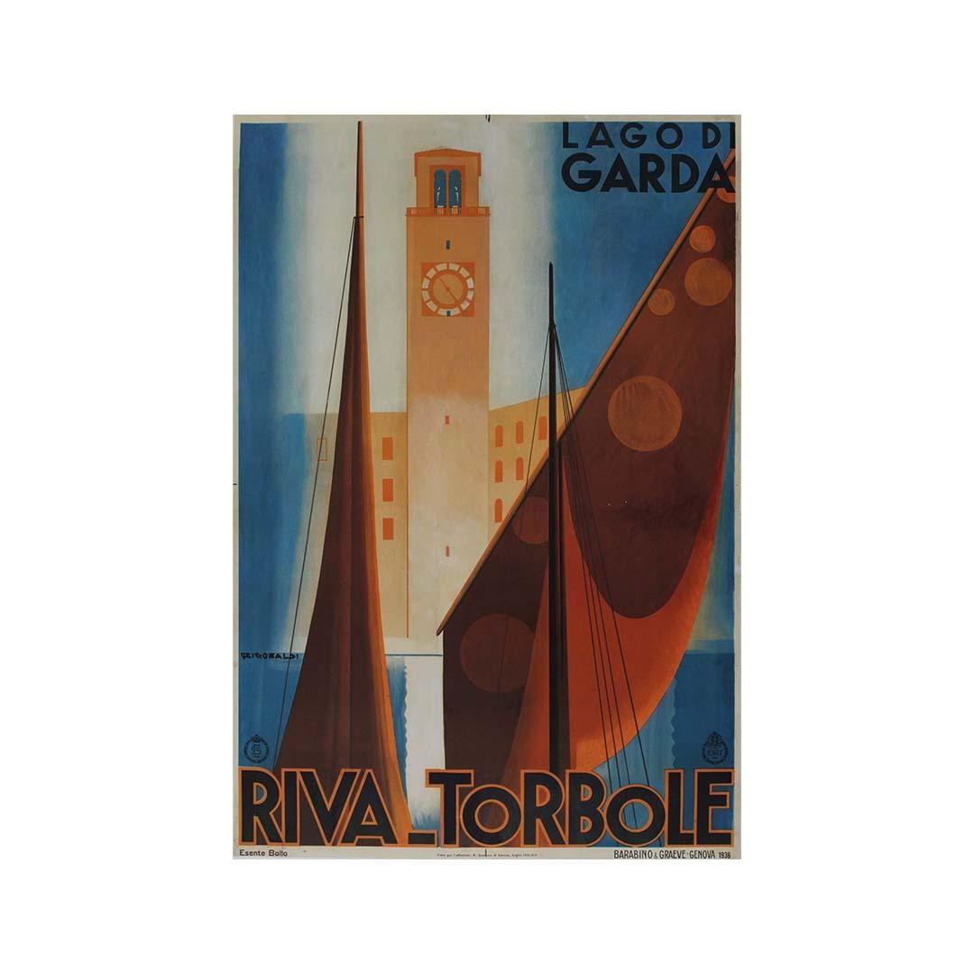Riccobaldis Reiseplakat für „Riva Torbole Lago di Garda“ aus dem Jahr 1936 – Italien (Art déco), Print, von Giuseppe Riccobaldi