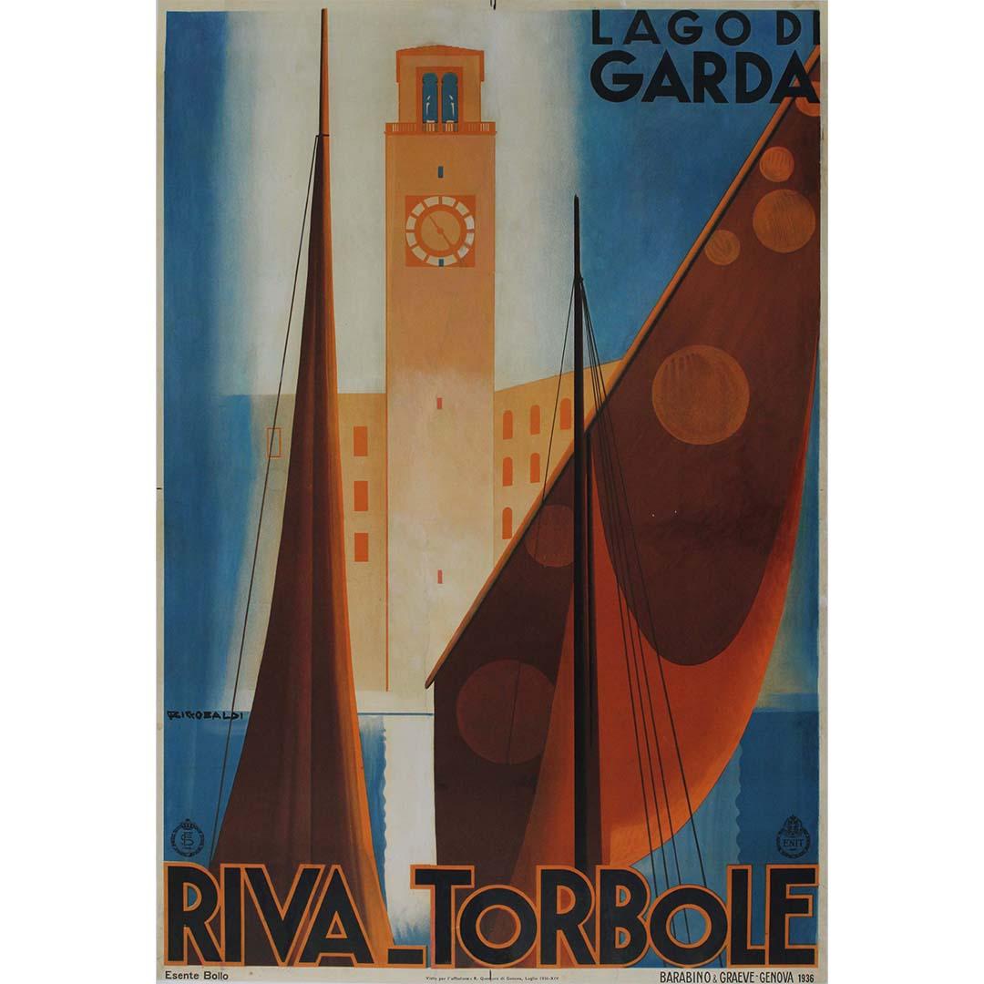 Riccobaldis Reiseplakat für „Riva Torbole Lago di Garda“ aus dem Jahr 1936 – Italien – Print von Giuseppe Riccobaldi