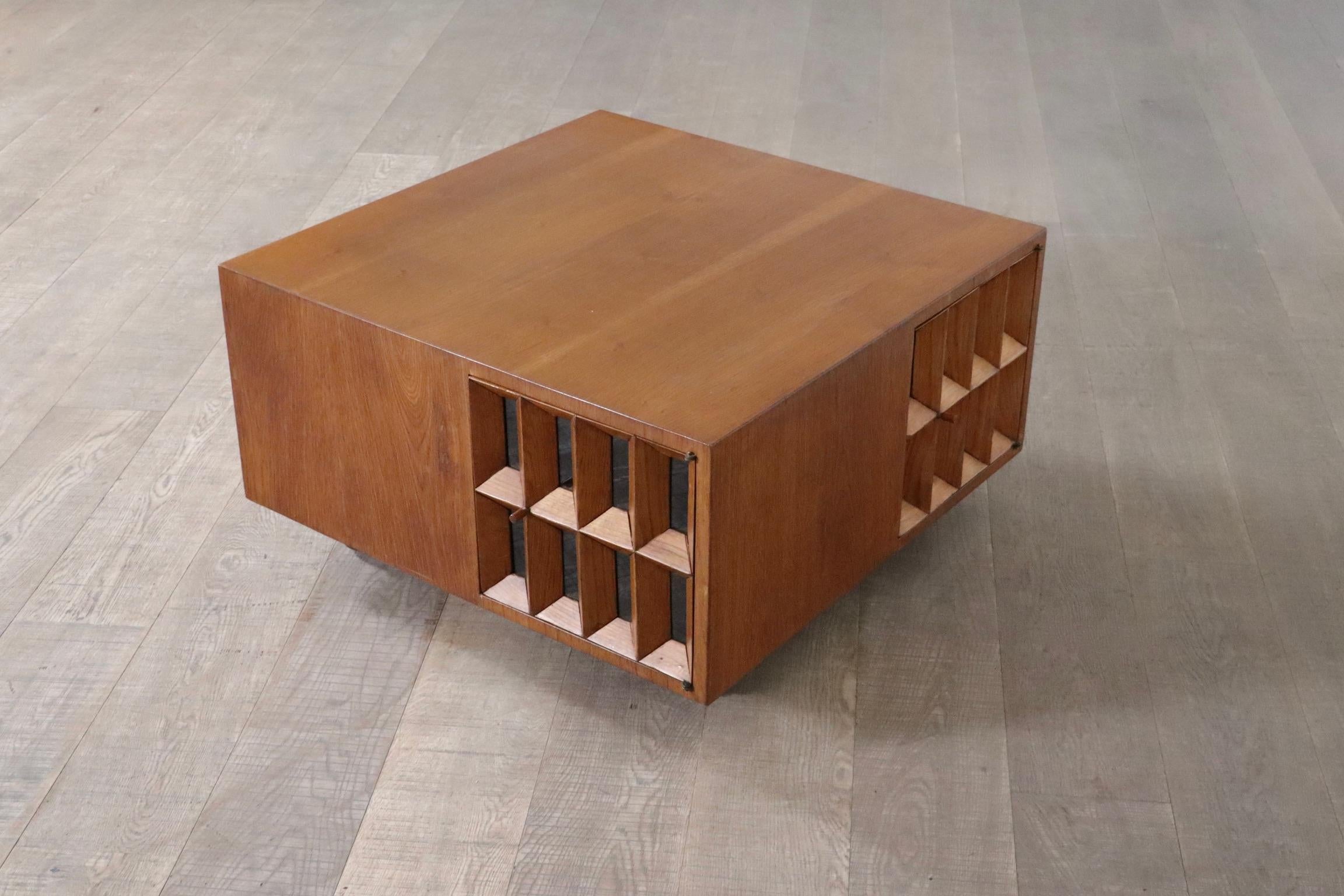 Late 20th Century Giuseppe Rivadossi Coffee Table In Oak With Glass Framed Doors, Italy 1975