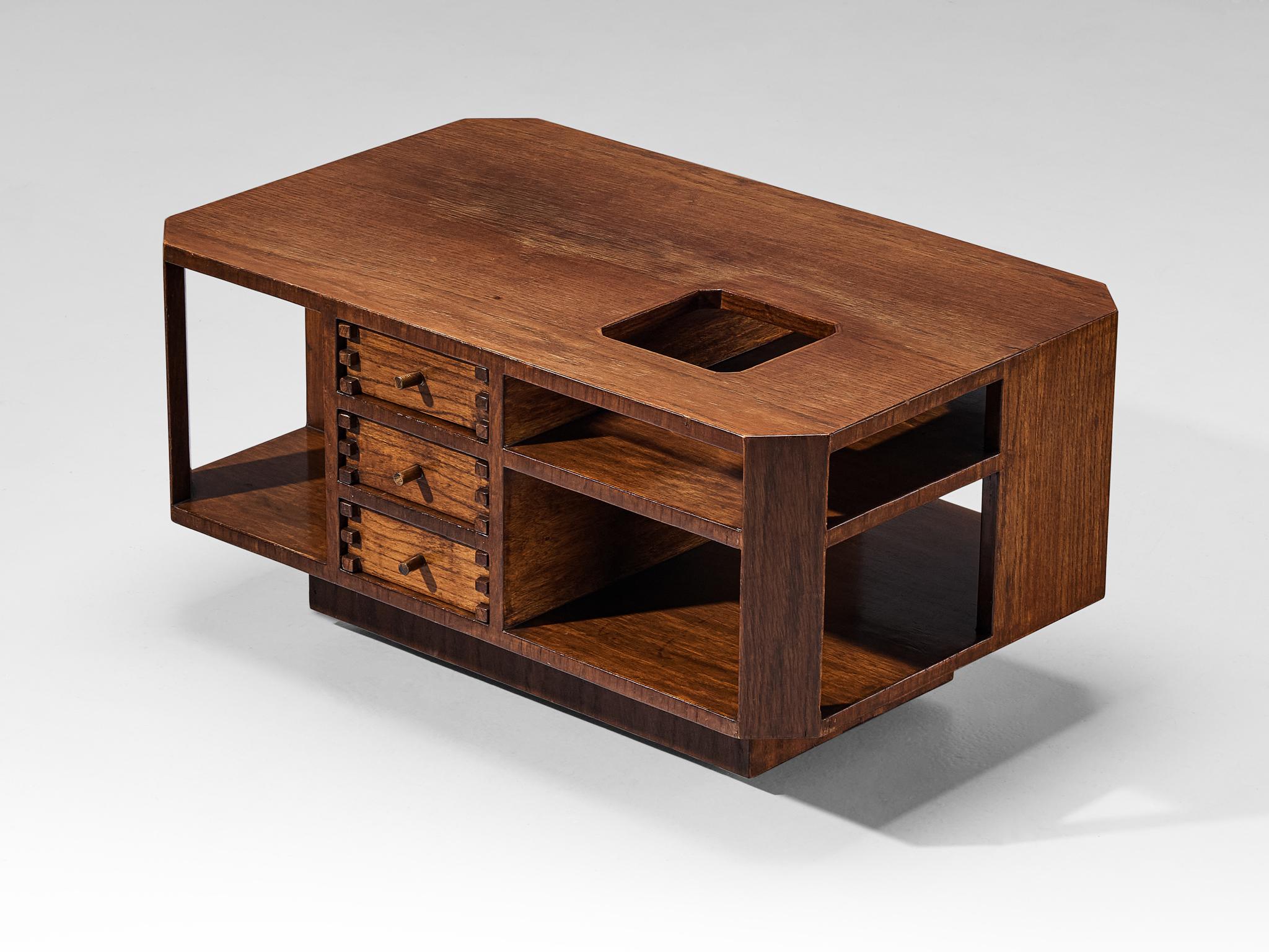 Giuseppe Rivadossi, coffee table, oak, glass, Italy, 1970s.

An exceptional coffee table by the Italian sculptor and designer Giuseppe Rivadossi, featuring a high level of craftsmanship in woodwork. Remarkable about this piece is the diversity of