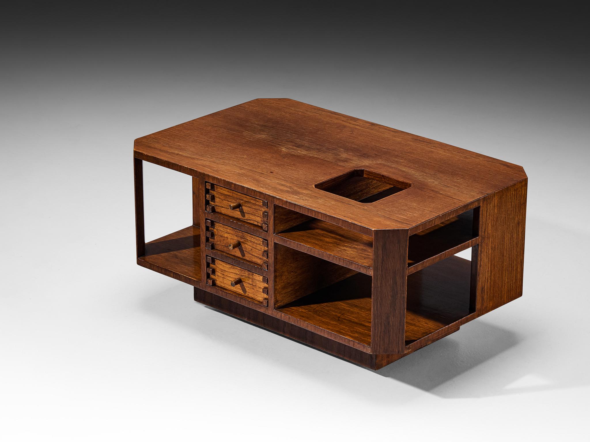 Giuseppe Rivadossi, coffee table, oak, glass, Italy, 1970s.

An exceptional coffee table by the Italian sculptor and designer Giuseppe Rivadossi, featuring a high level of craftsmanship in woodwork. Remarkable about this piece is the diversity of