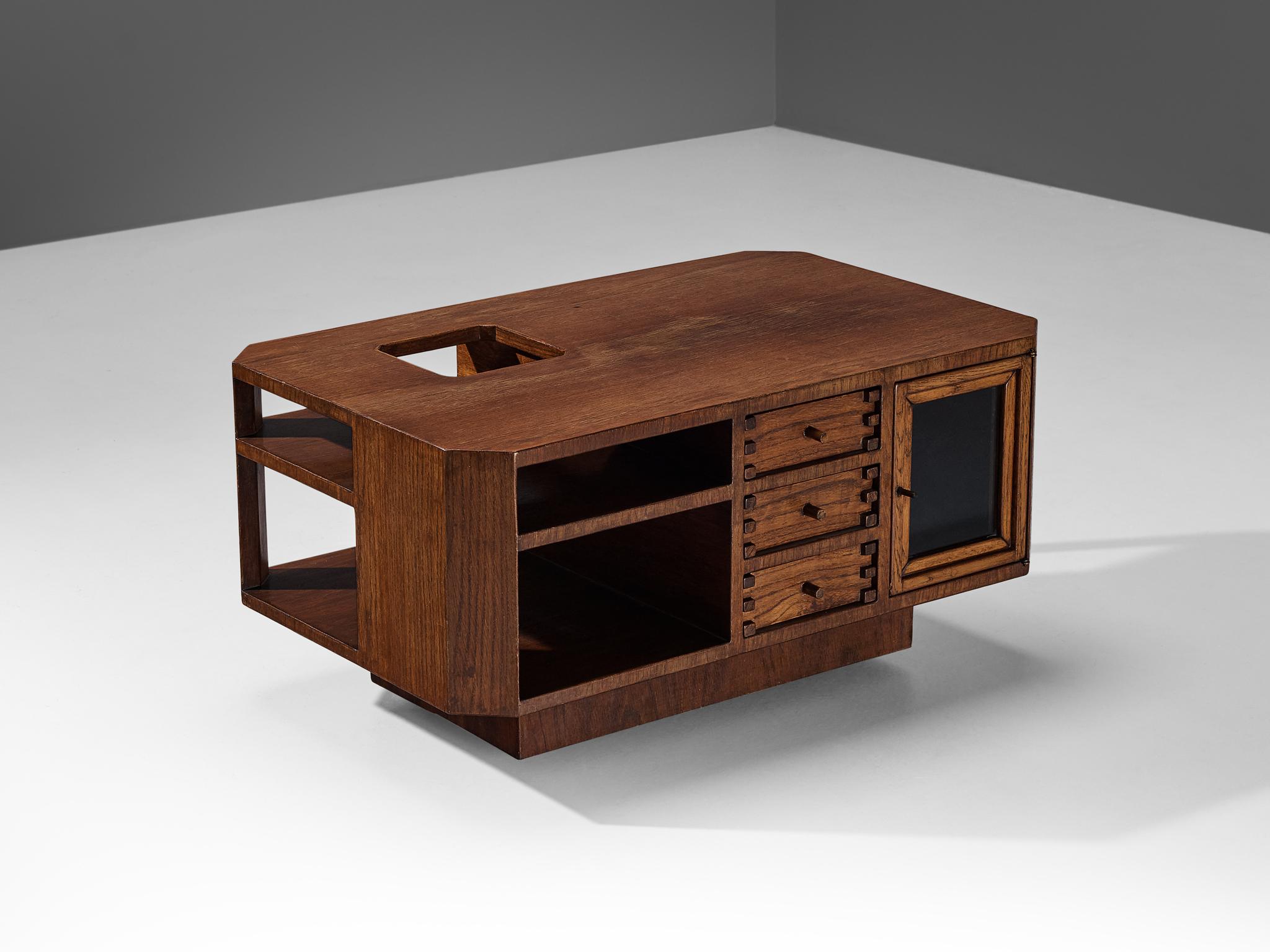 Late 20th Century Giuseppe Rivadossi Coffee Table with Storage Compartments in Oak For Sale
