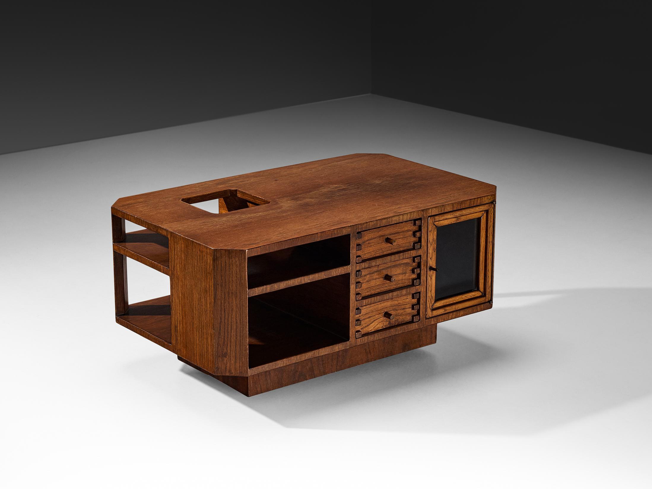 Late 20th Century Giuseppe Rivadossi Coffee Table with Storage Compartments in Oak For Sale