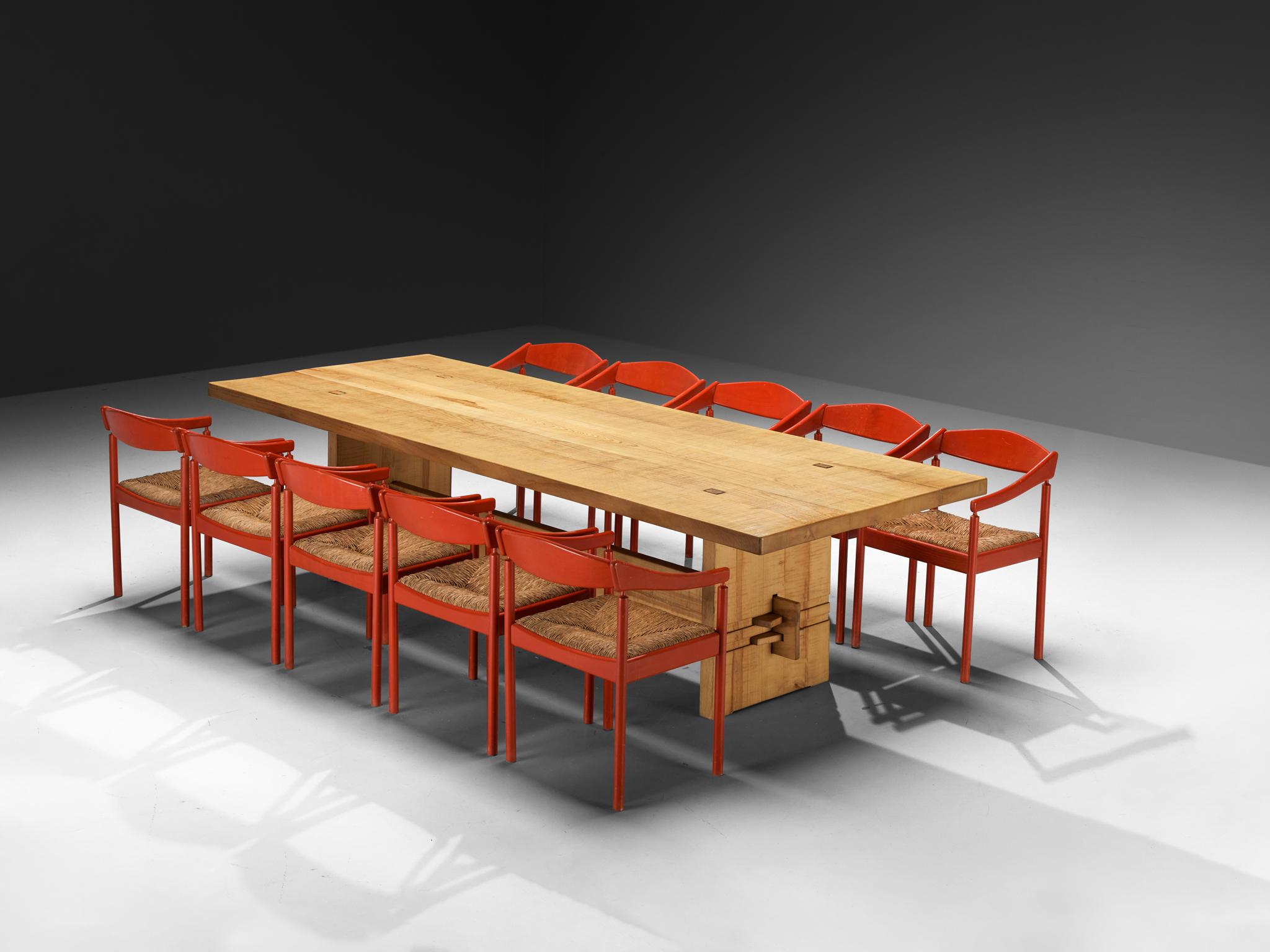 European Giuseppe Rivadossi Dining Table in Olive Ash with Red Thonet Armchairs