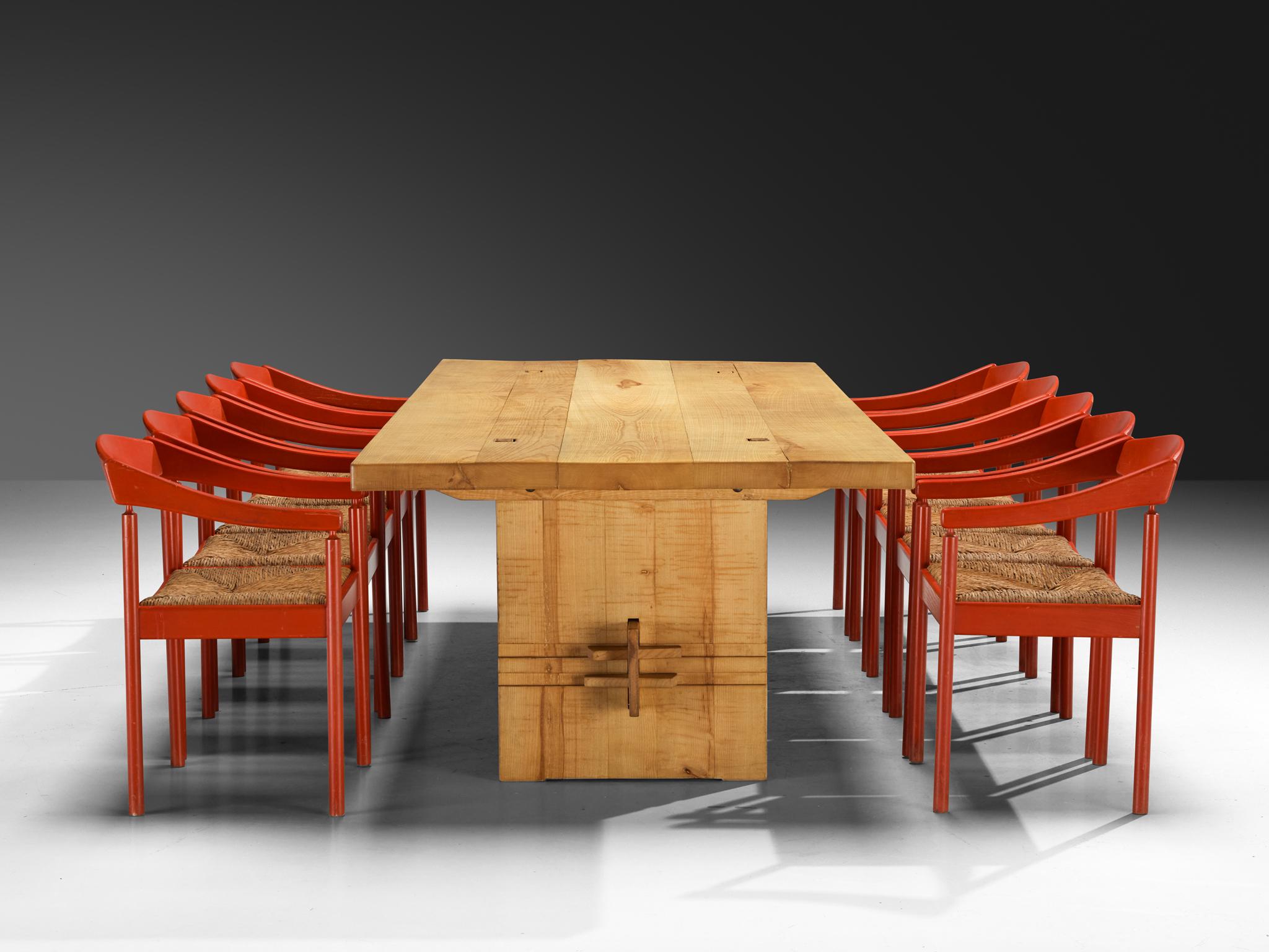 20th Century Giuseppe Rivadossi Dining Table in Olive Ash with Red Thonet Armchairs