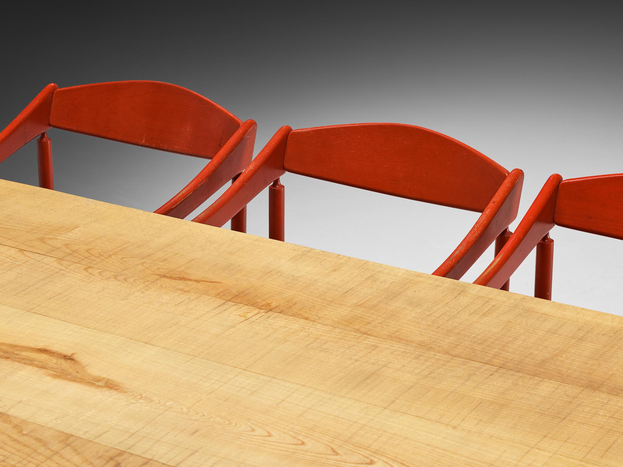 Giuseppe Rivadossi Dining Table in Olive Ash with Red Thonet Armchairs 1