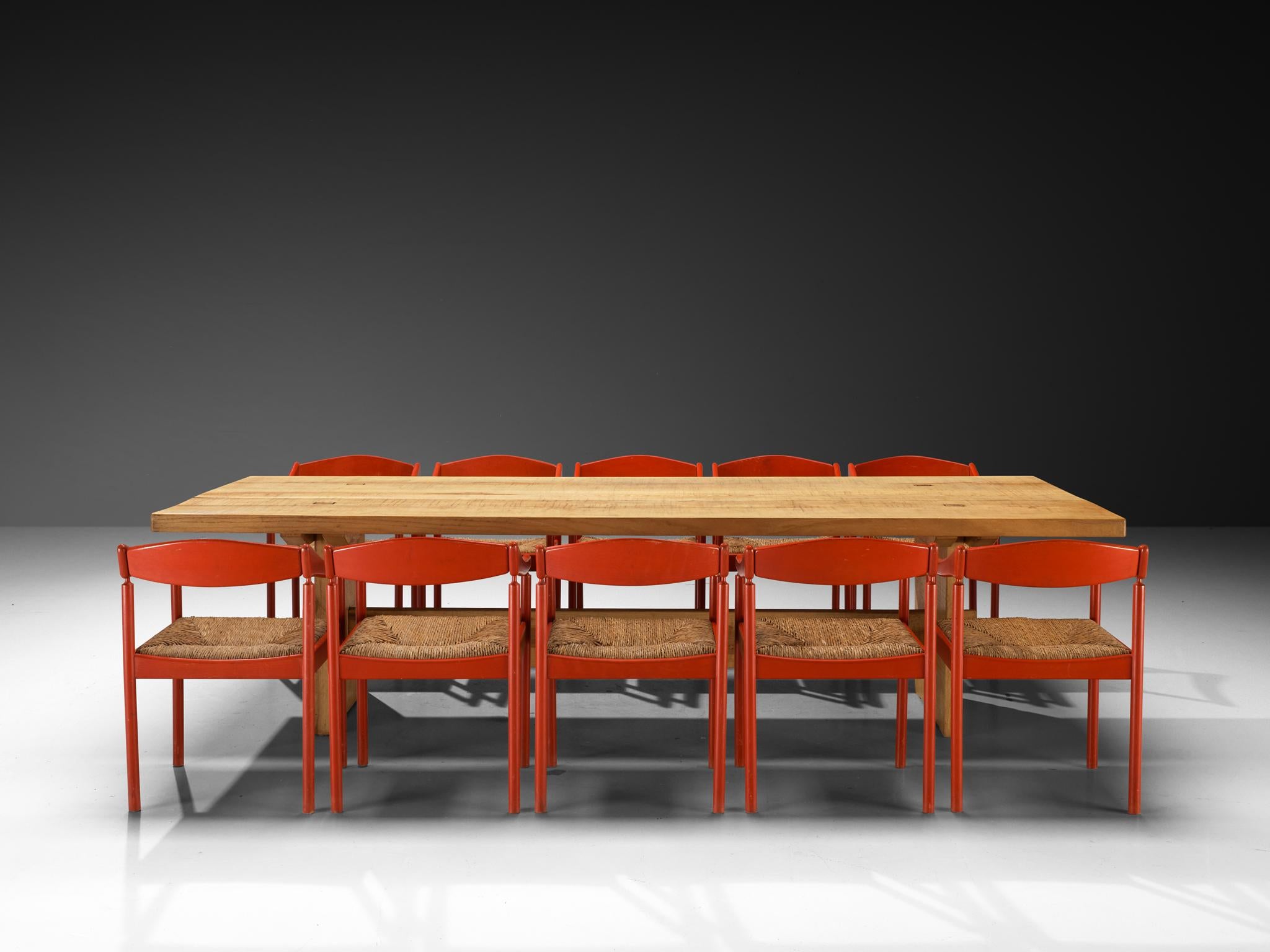 Giuseppe Rivadossi Dining Table in Olive Ash with Red Thonet Armchairs 2