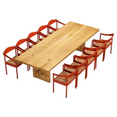 Giuseppe Rivadossi Dining Table in Olive Ash with Red Thonet Armchairs