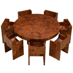 Giuseppe Rivadossi for Officina Rivadossi Dining Set with Armchairs and Round Table in Carved Pine
