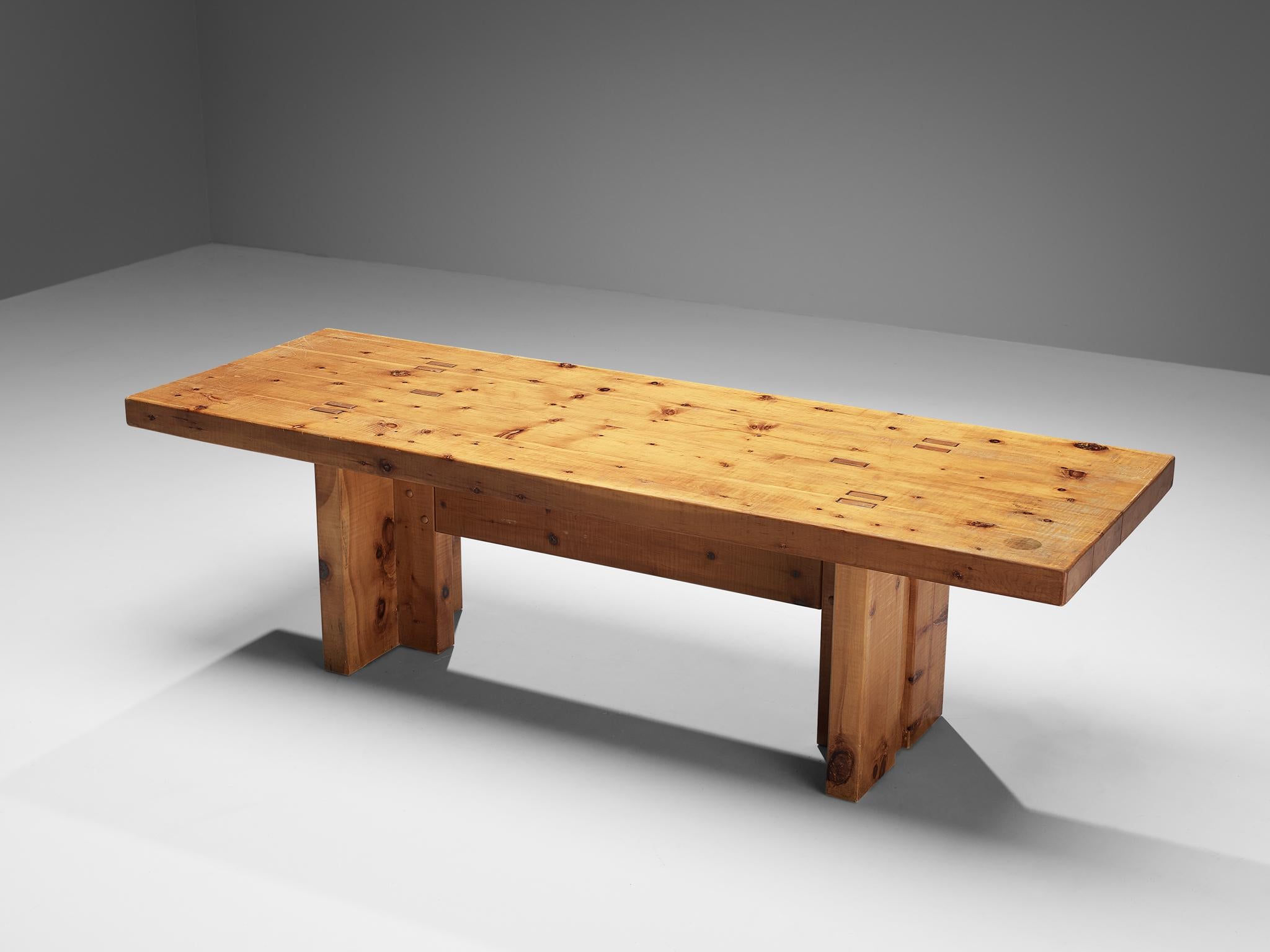Giuseppe Rivadossi for Officina Rivadossi, dining table, pine, Italy, 1980s

Giuseppe Rivadossi once again proves his great eye for materialization and technicality this table is exemplary for. The table is architecturally built based on the