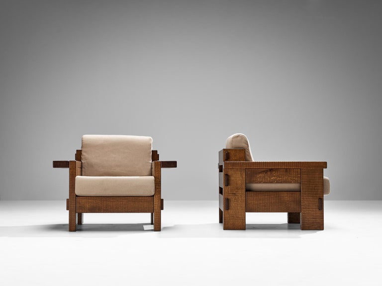 Late 20th Century Giuseppe Rivadossi for Officina Rivadossi Pair of Lounge Chairs in Oak For Sale