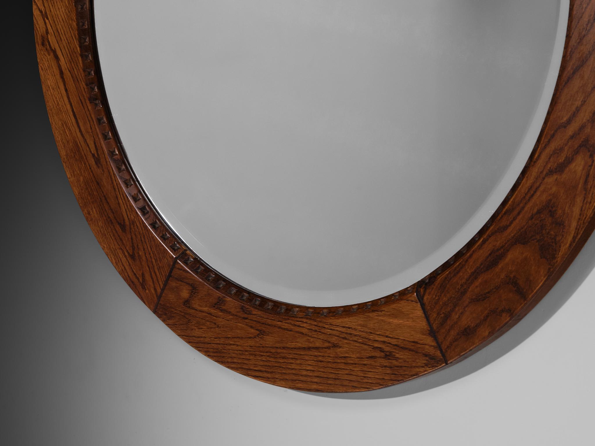Mid-Century Modern Giuseppe Rivadossi for Officina Rivadossi Round Mirror with Oak Frame For Sale