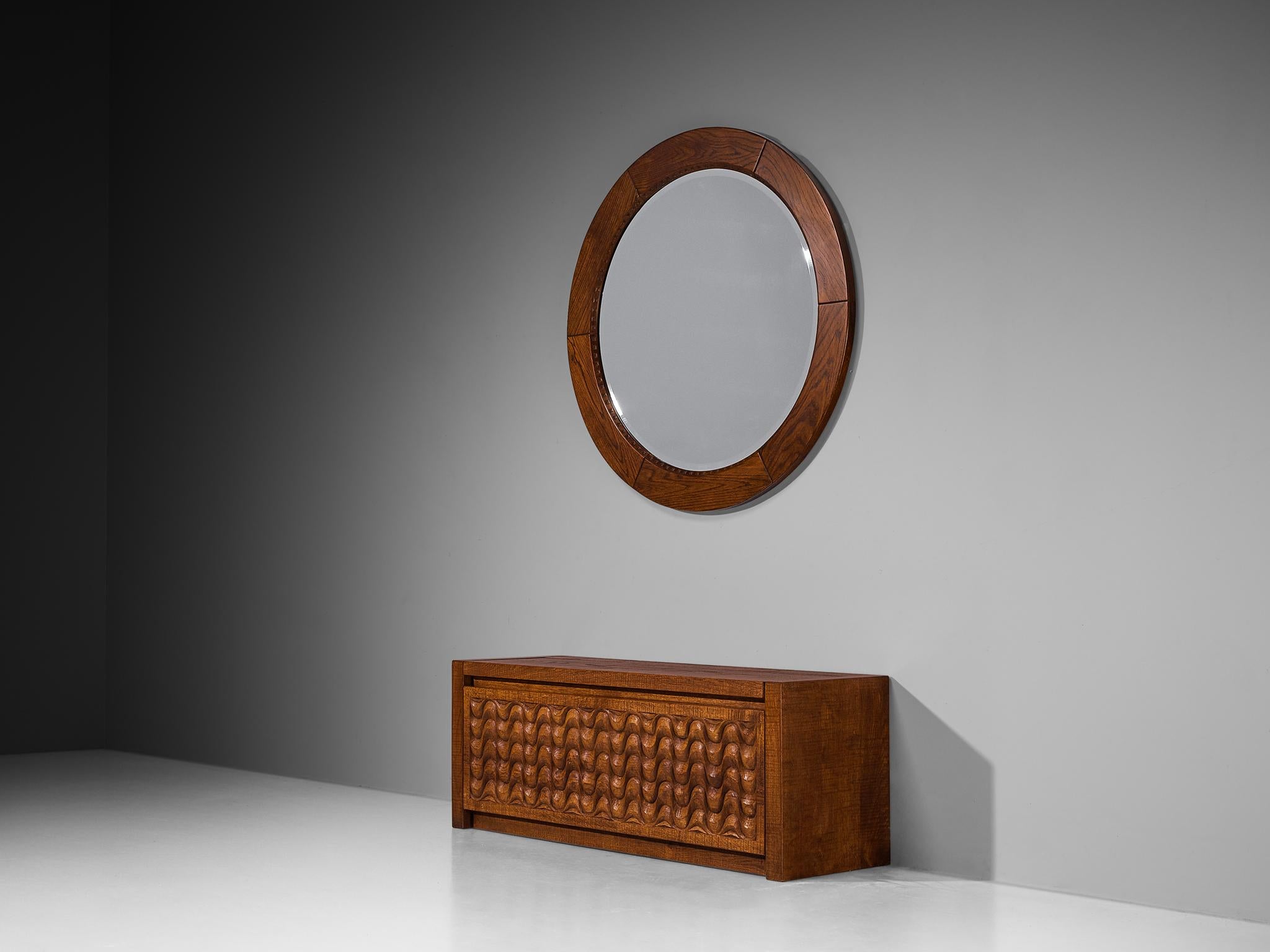 Giuseppe Rivadossi for Officina Rivadossi Round Mirror with Oak Frame In Good Condition For Sale In Waalwijk, NL