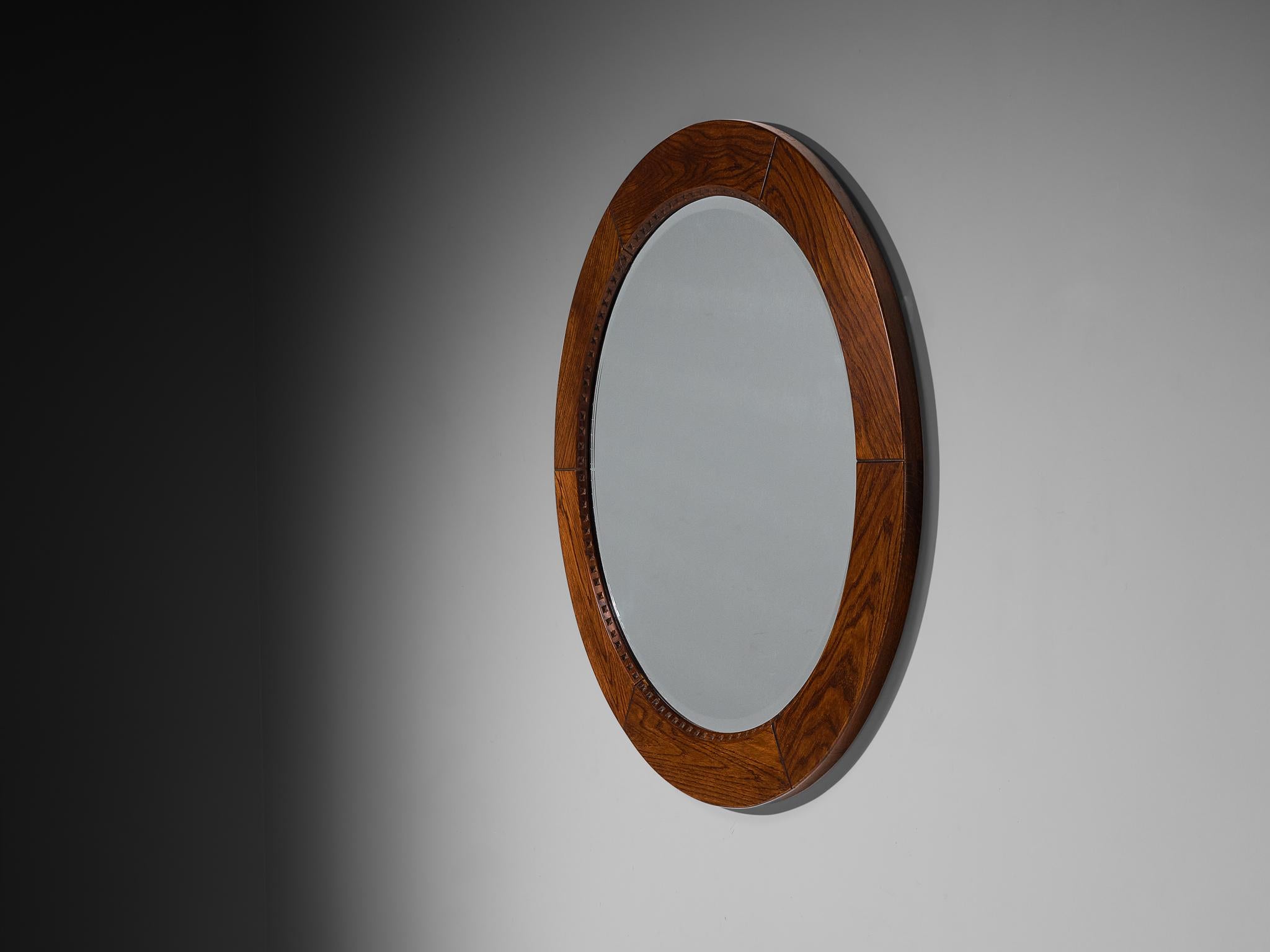 Late 20th Century Giuseppe Rivadossi for Officina Rivadossi Round Mirror with Oak Frame For Sale