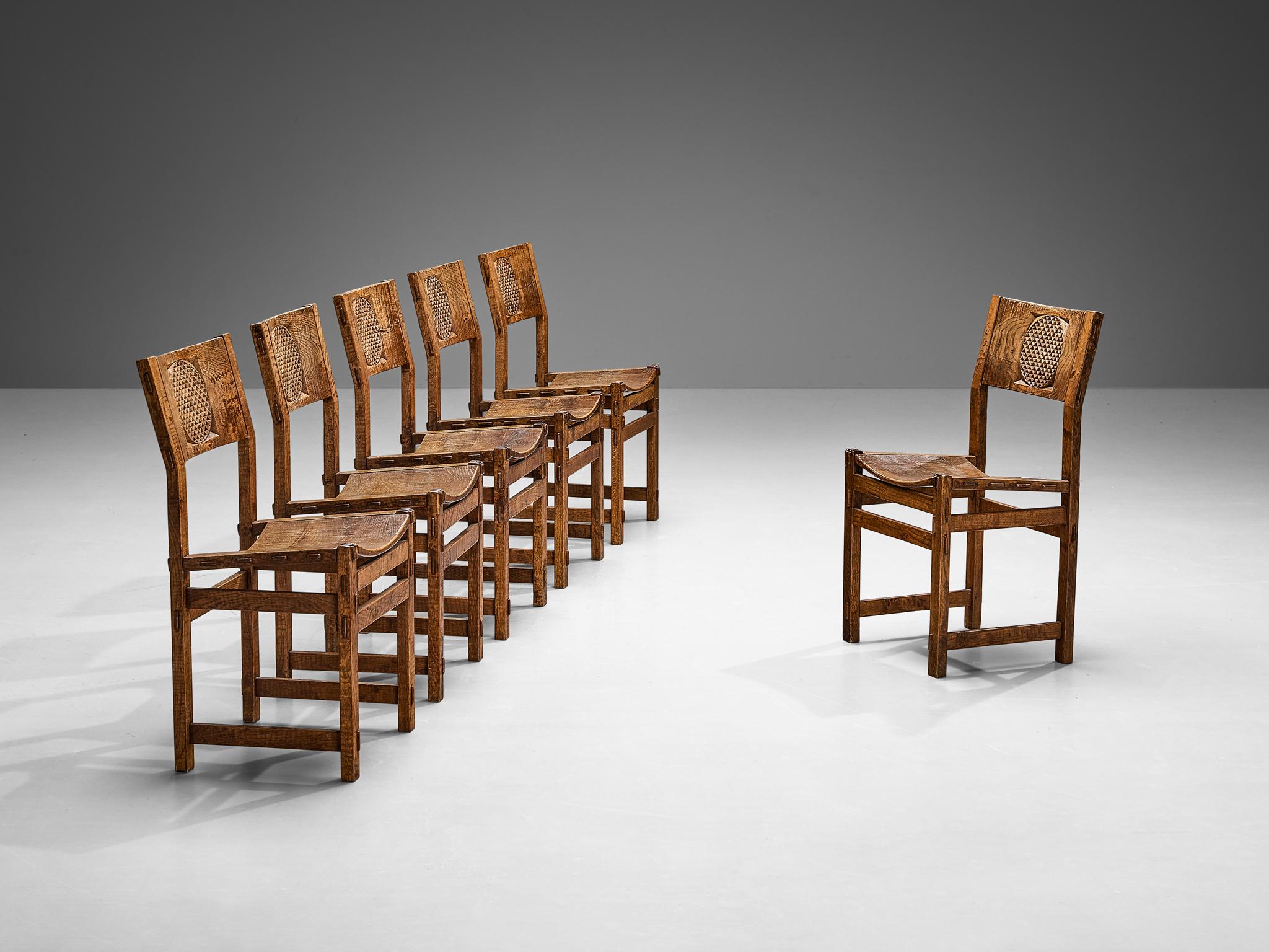 Late 20th Century Giuseppe Rivadossi for Officina Rivadossi Set of Six Dining Chairs in Oak  For Sale