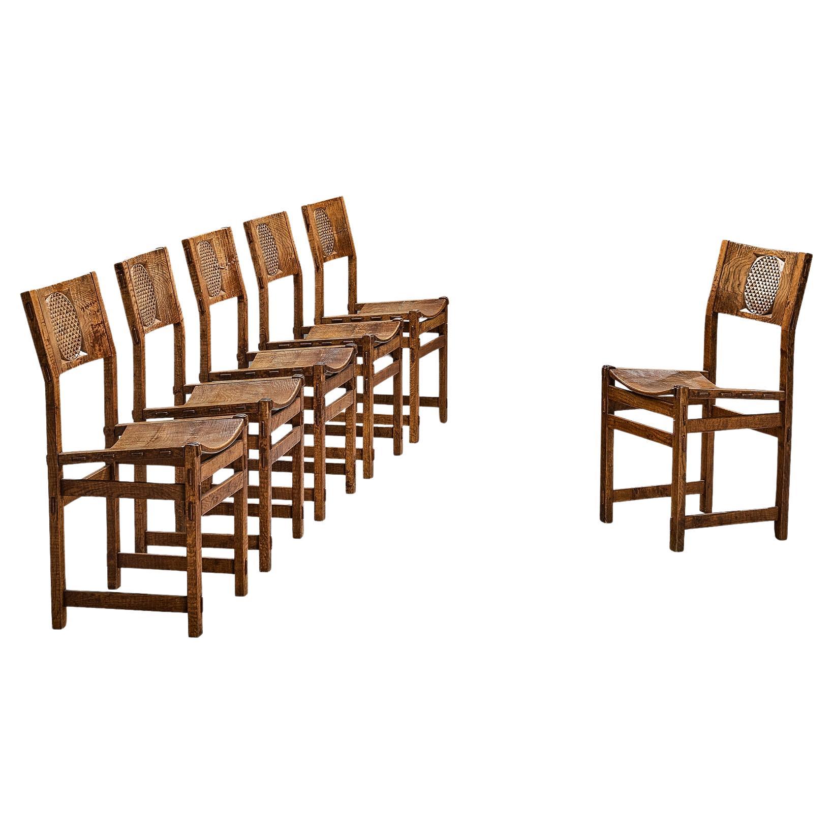 Giuseppe Rivadossi for Officina Rivadossi Set of Six Dining Chairs in Oak  For Sale