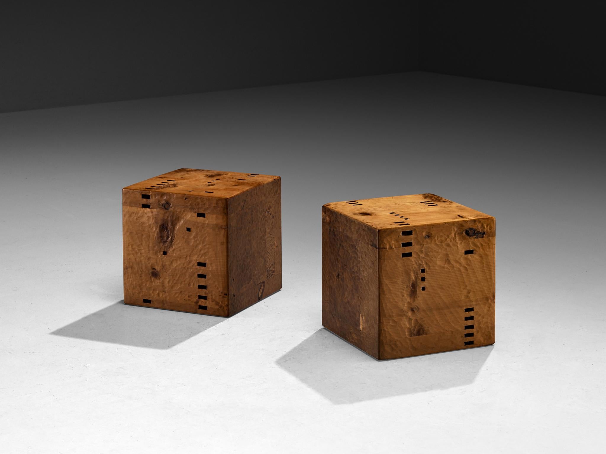 Giuseppe Rivadossi for Officina Rivadossi, cubic 'blocks' side tables, pine, Italy, 1970s

These cubic-shaped side tables are very rare works - only made once - by wood master Giuseppe Rivadossi, reflecting a heavy, hand-worked style that shows the