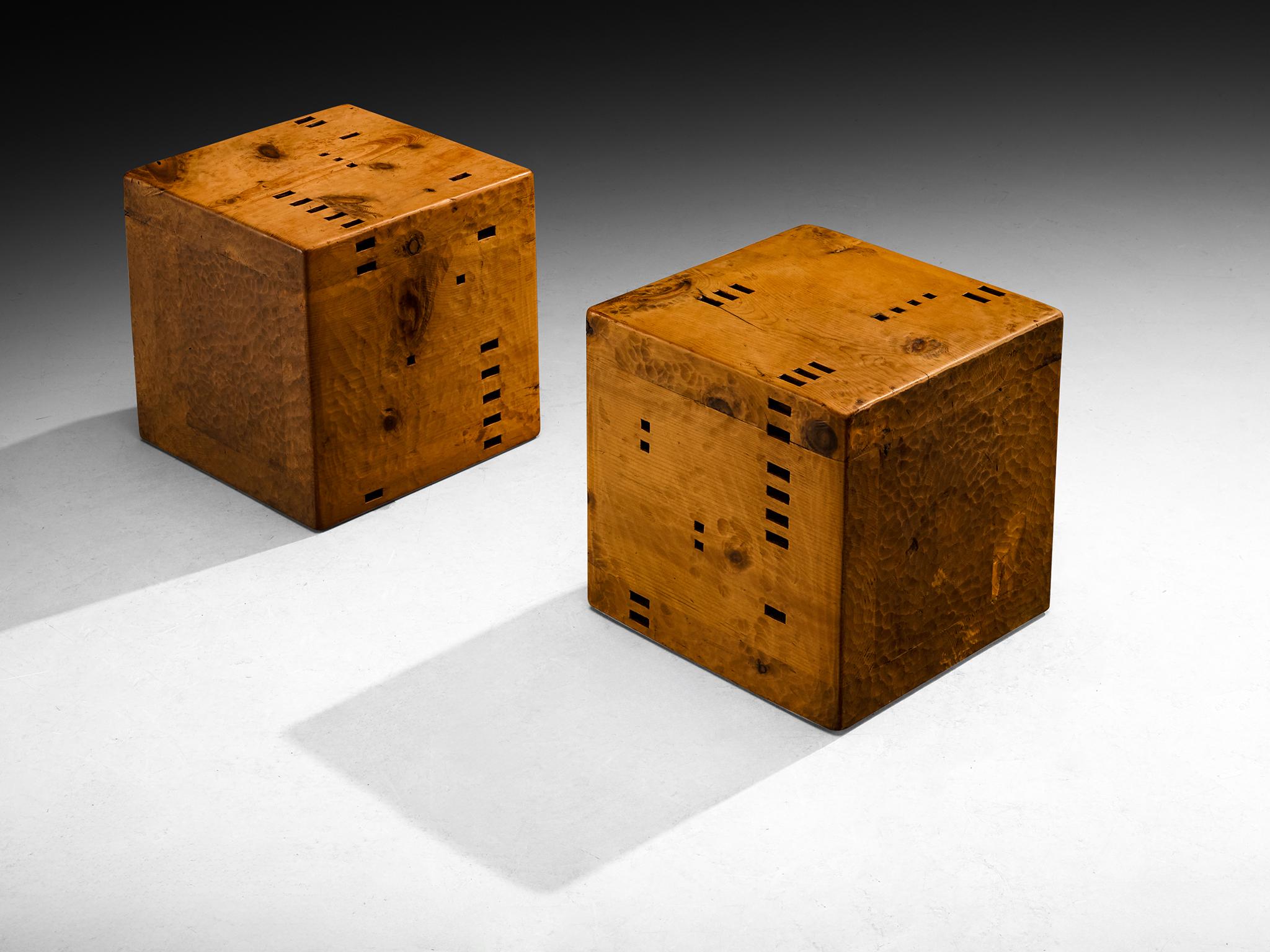 Giuseppe Rivadossi for Officina Rivadossi, cubic 'blocks' side tables, pine, Italy, 1970s

These cubic-shaped side tables are very rare works - only made once - by wood master Giuseppe Rivadossi, reflecting a heavy, hand-worked style that shows the