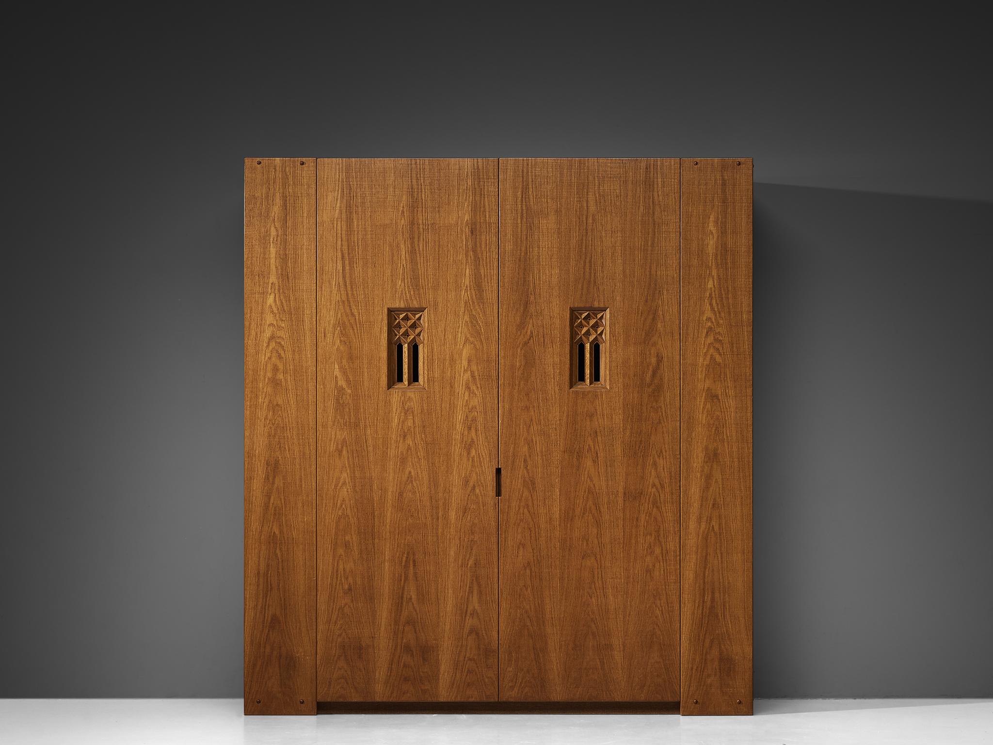 Glass Giuseppe Rivadossi Highboard in Oak with Recessed Geometric Carvings For Sale