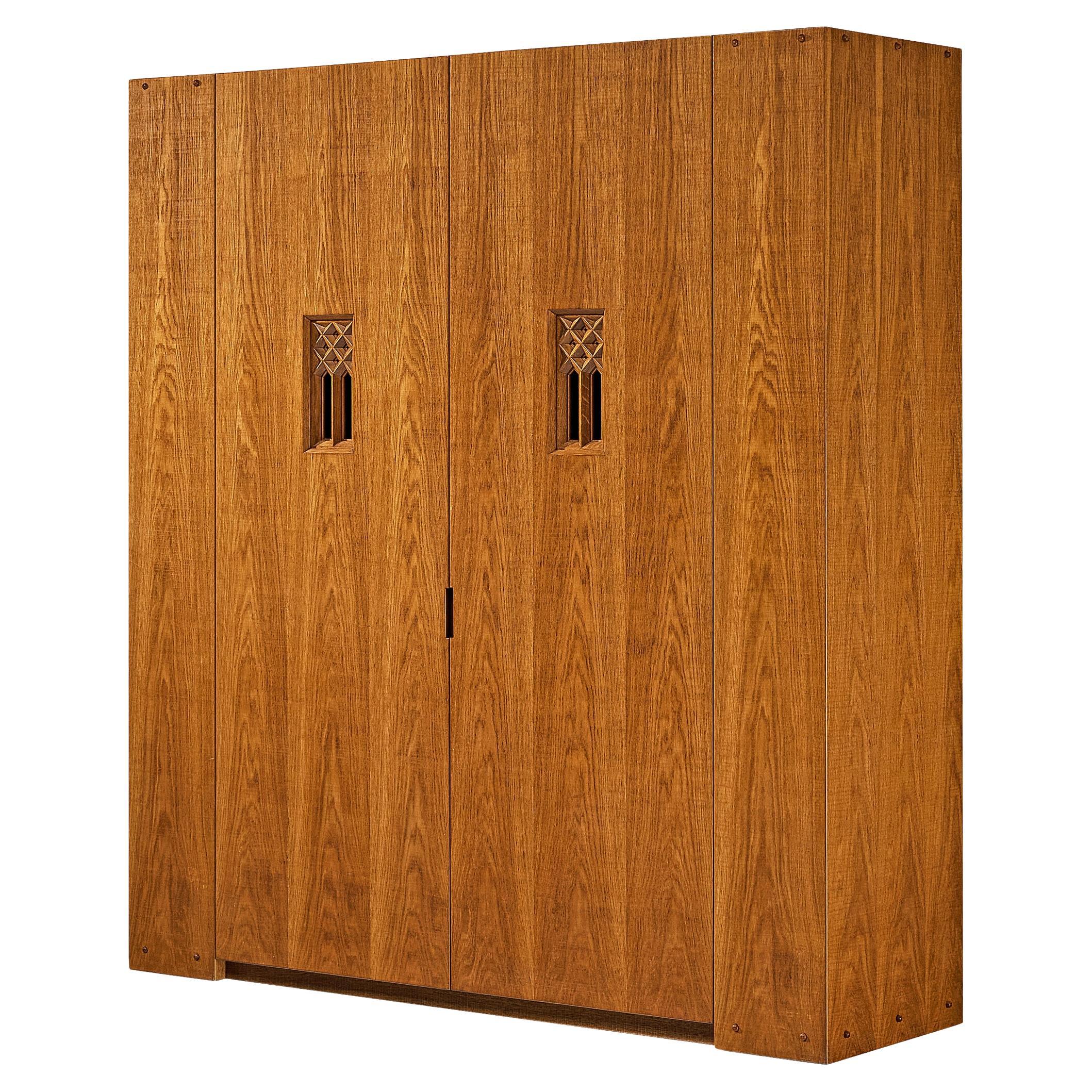 Giuseppe Rivadossi Highboard in Oak with Recessed Geometric Carvings For Sale
