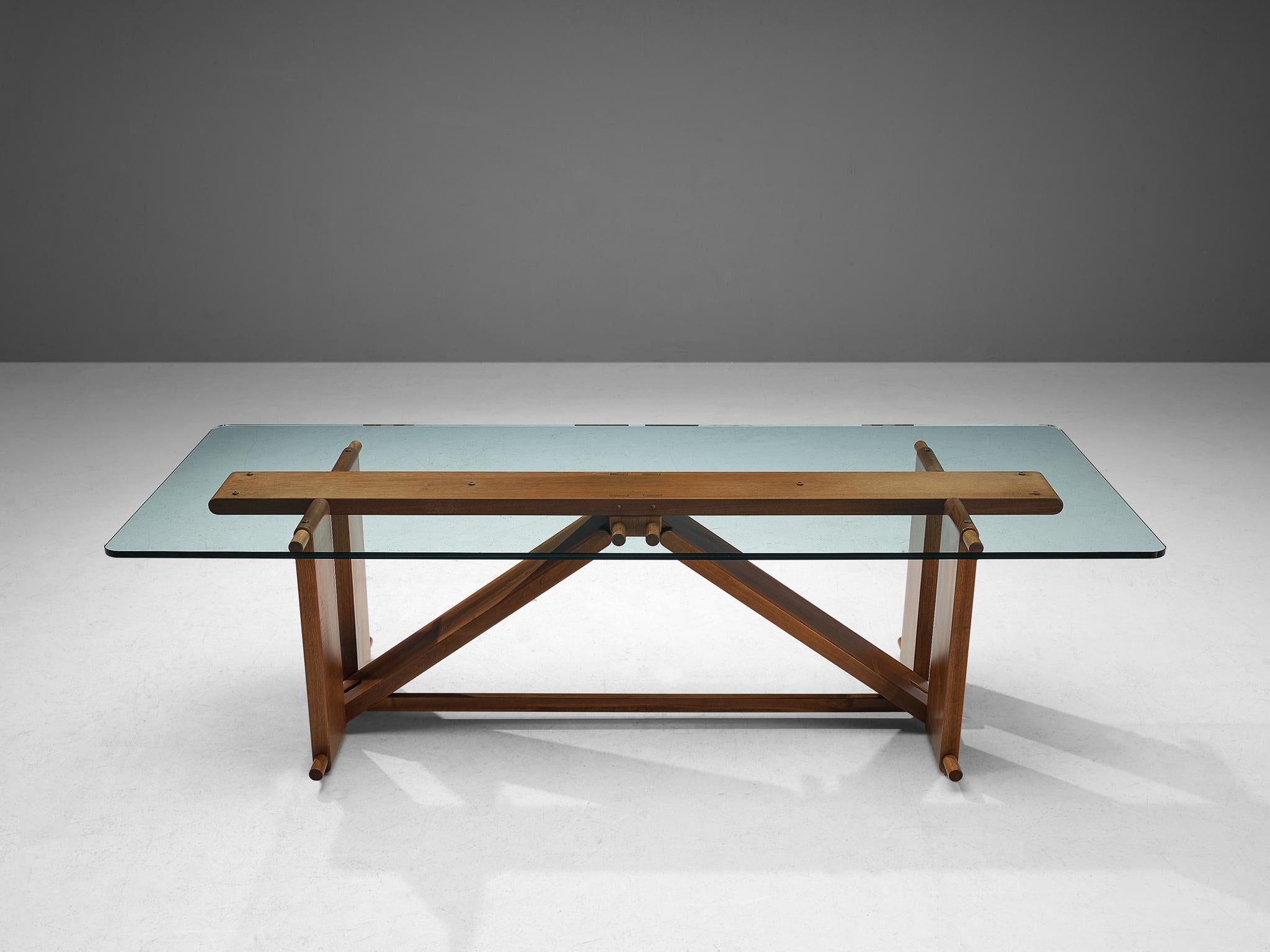 Italian Giuseppe Rivadossi 'Lombardo' Dining Table in Walnut and Glass