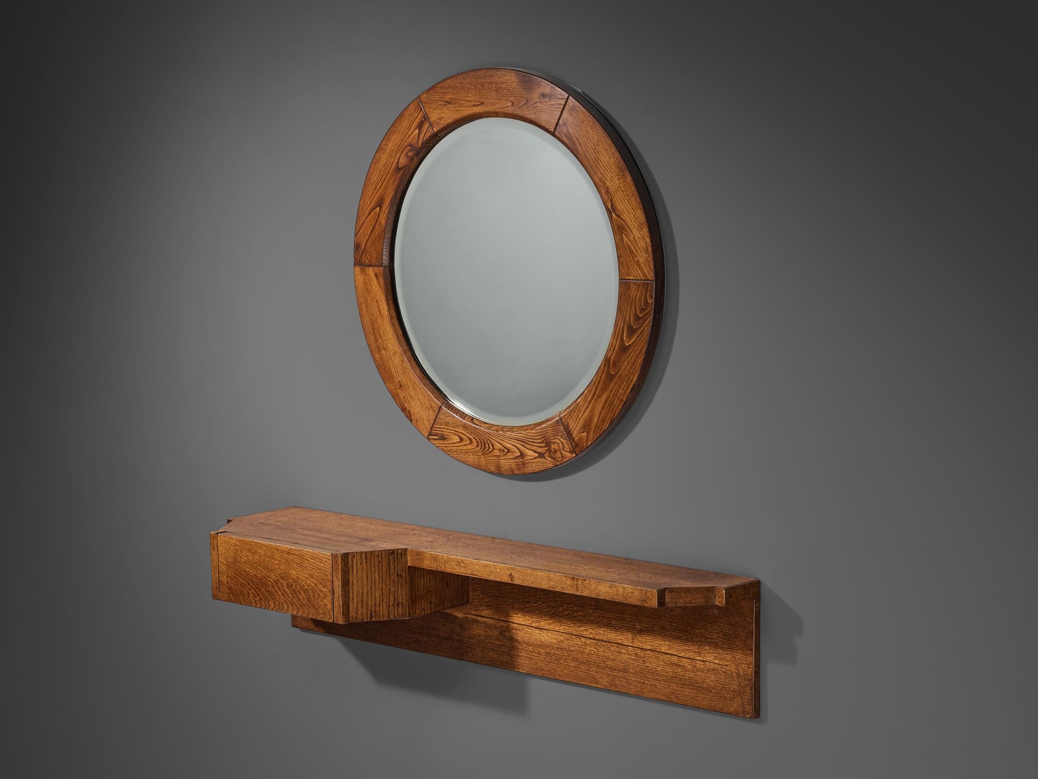Italian Giuseppe Rivadossi Mirror with Wall-Mounted Console and Mirror in Oak For Sale