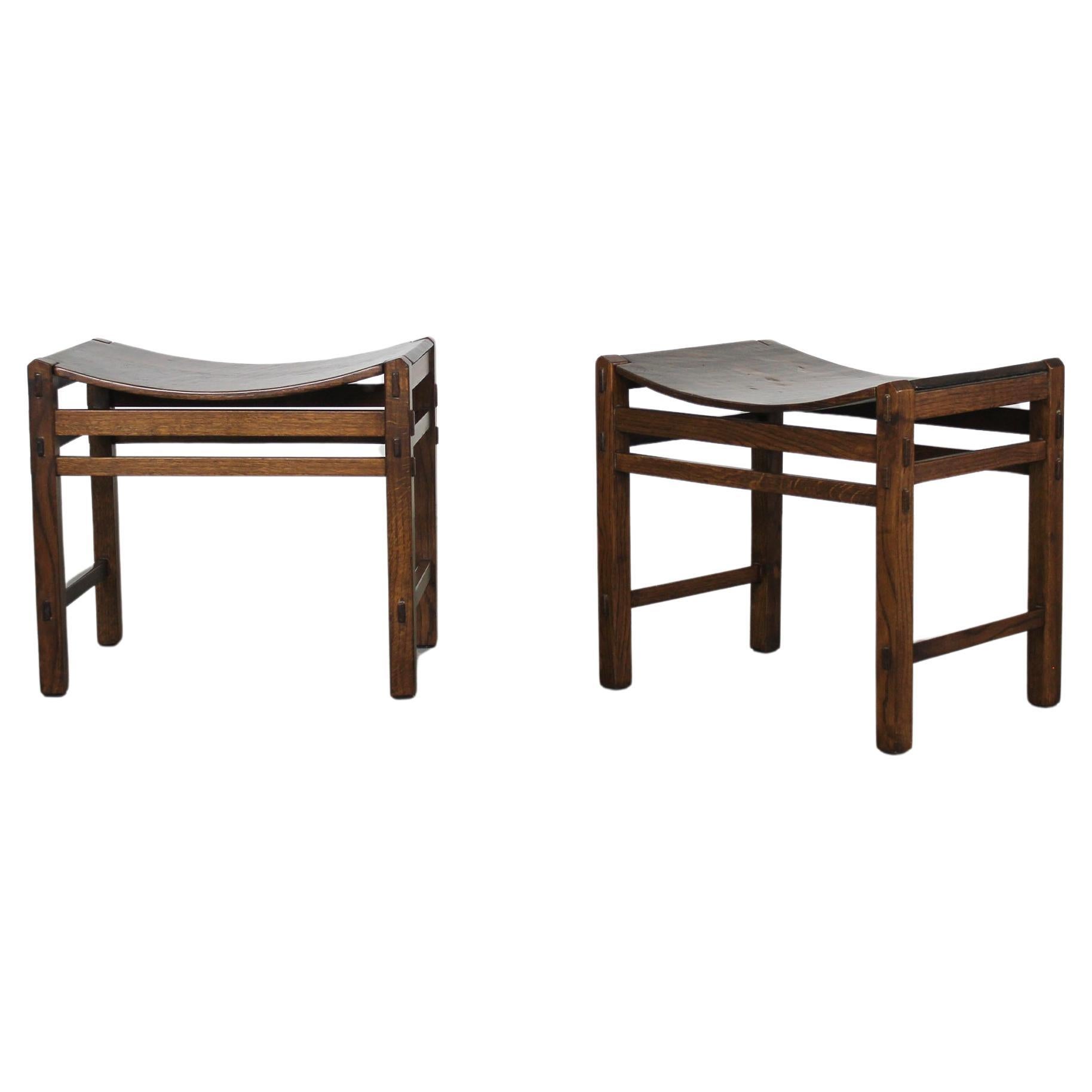 Giuseppe Rivadossi Set of Two Stools in Oak Wood by Officina Rivadossi 1970s