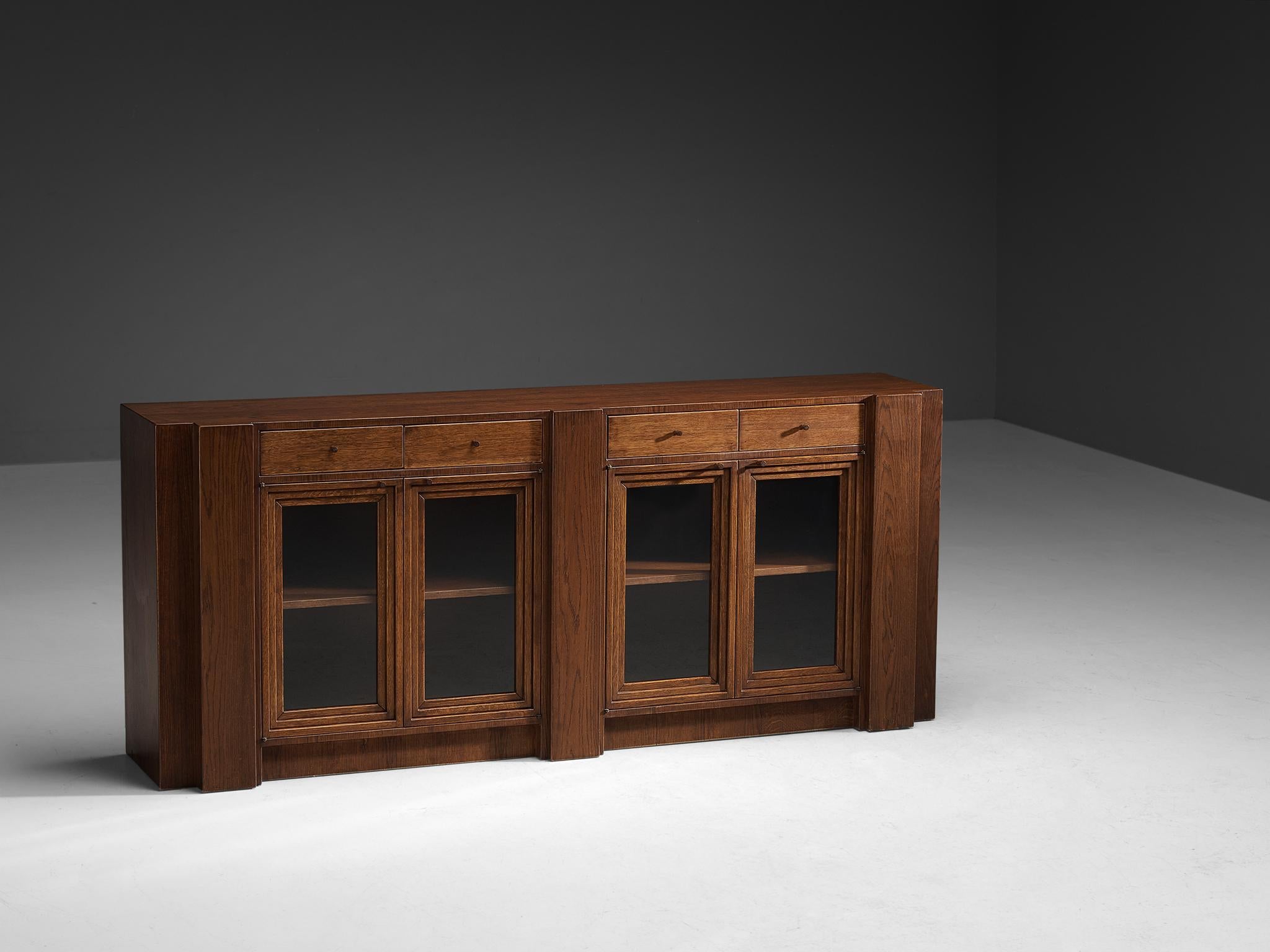 Mid-Century Modern Giuseppe Rivadossi Sideboard in Carved Oak and Glass