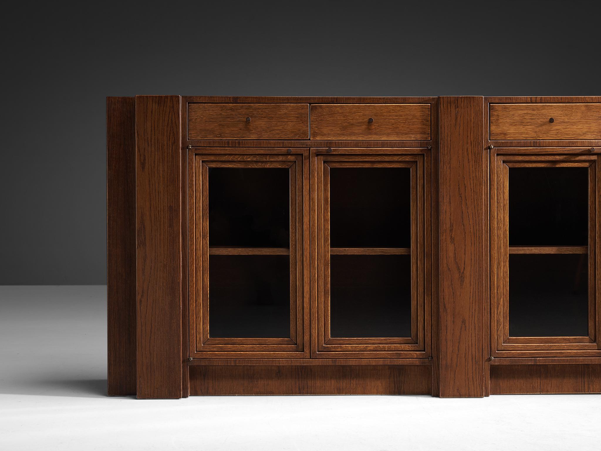 Italian Giuseppe Rivadossi Sideboard in Carved Oak and Glass