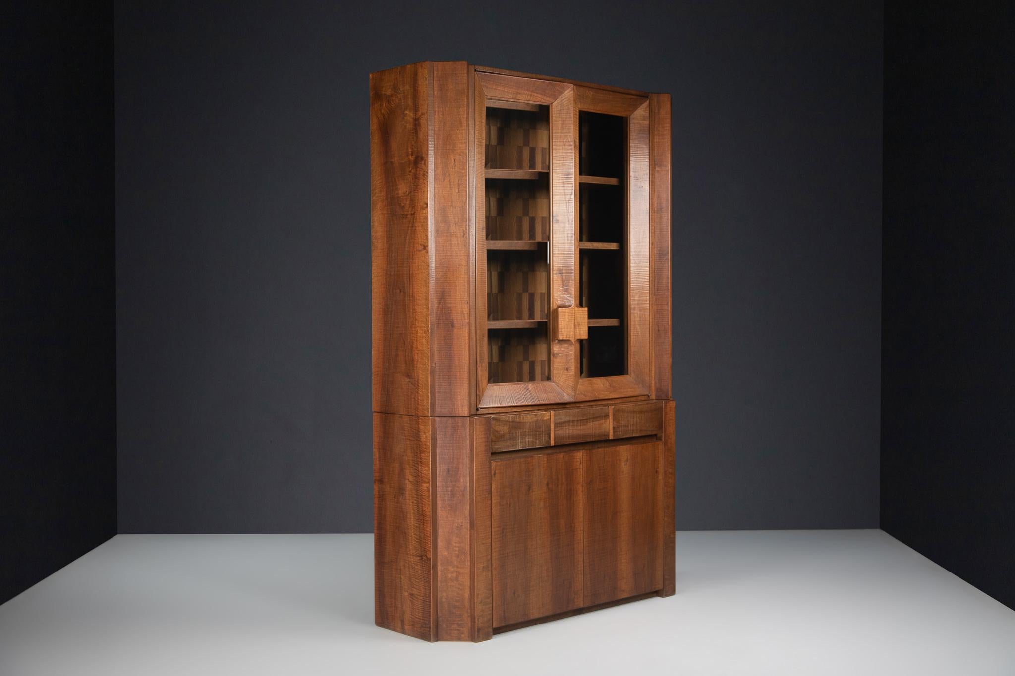 Giuseppe Rivadossi Tall Glazed Cabinet in Walnut, Italy 1970s For Sale 2