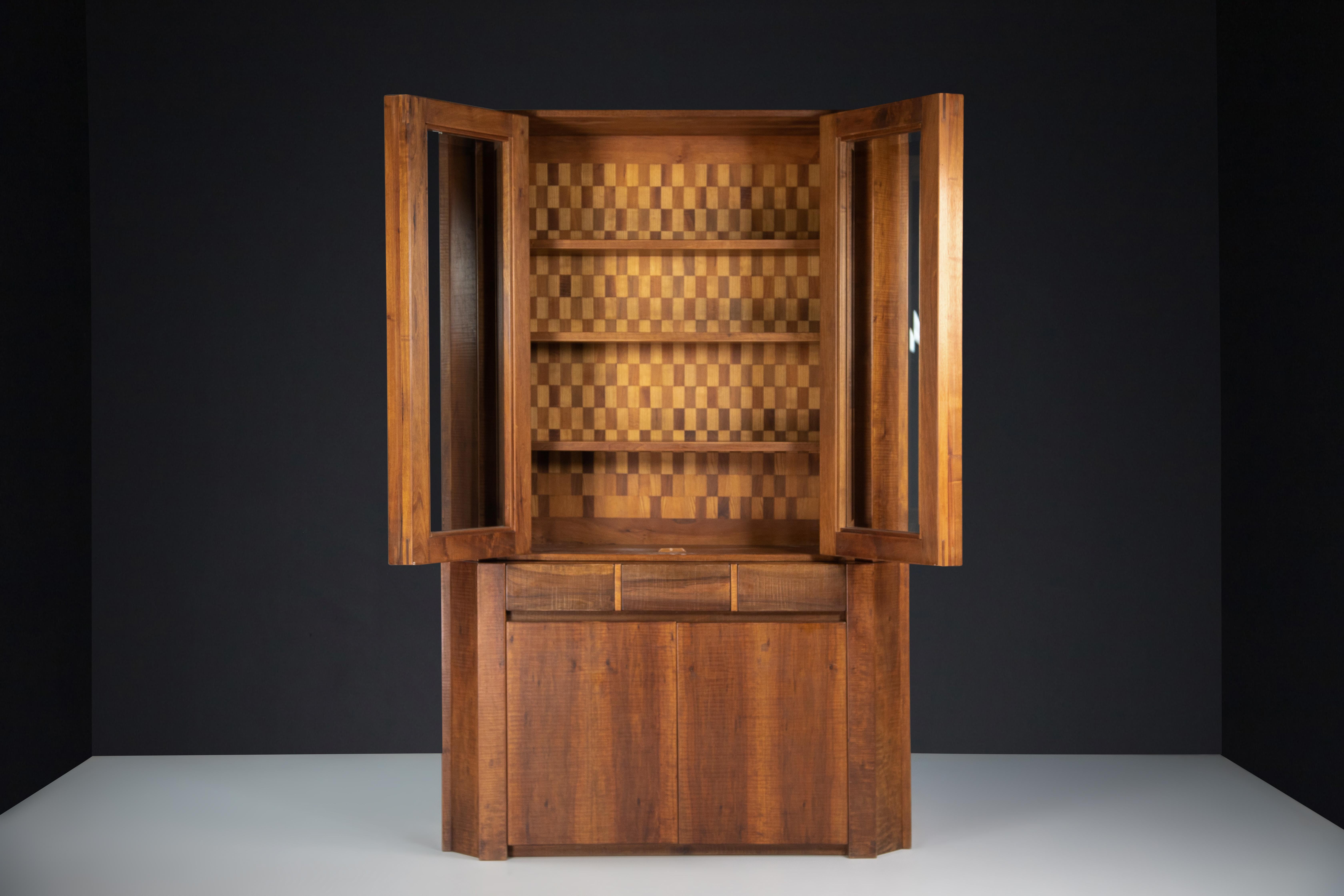 Italian Giuseppe Rivadossi Tall Glazed Cabinet in Walnut, Italy 1970s For Sale