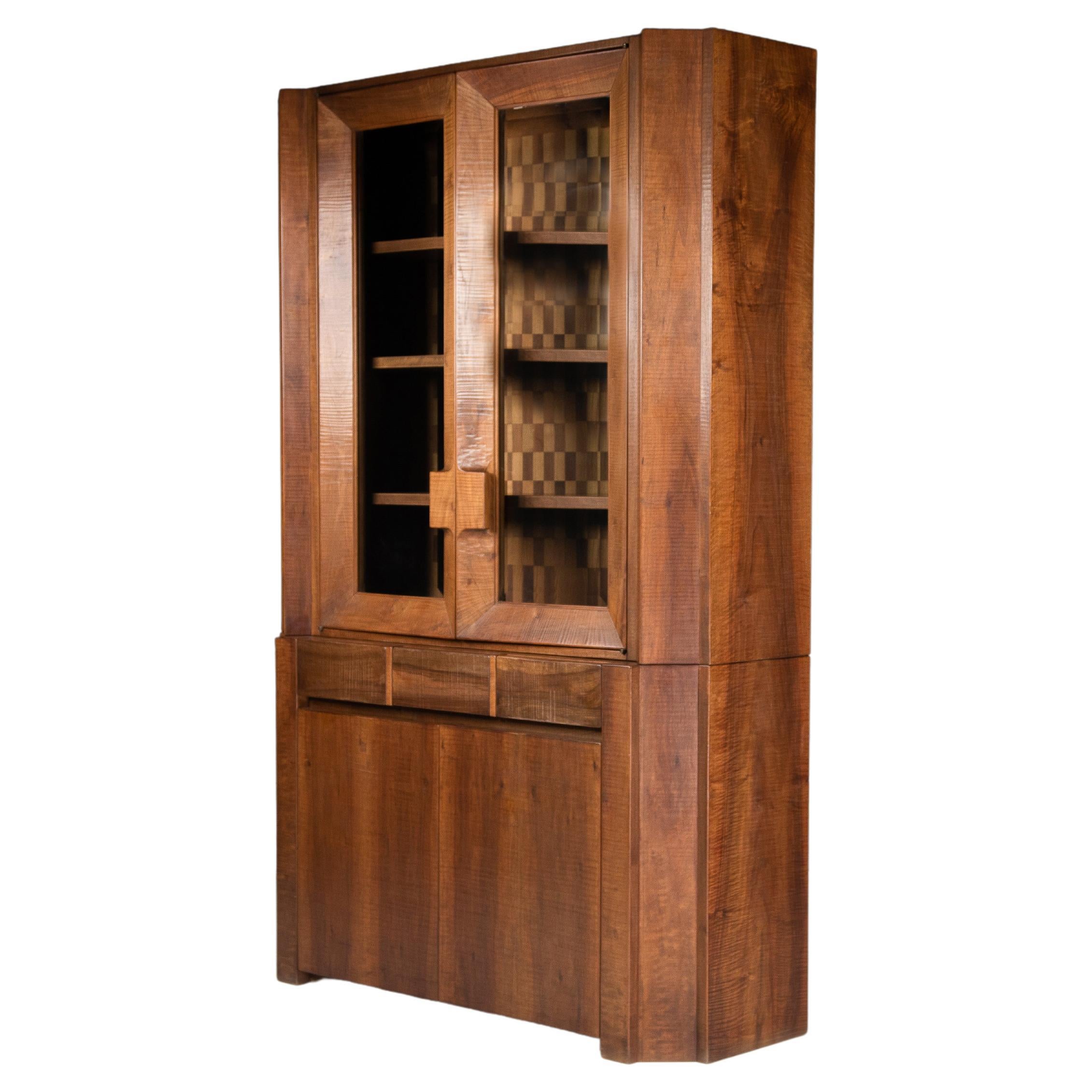 Giuseppe Rivadossi Tall Glazed Cabinet in Walnut, Italy 1970s For Sale