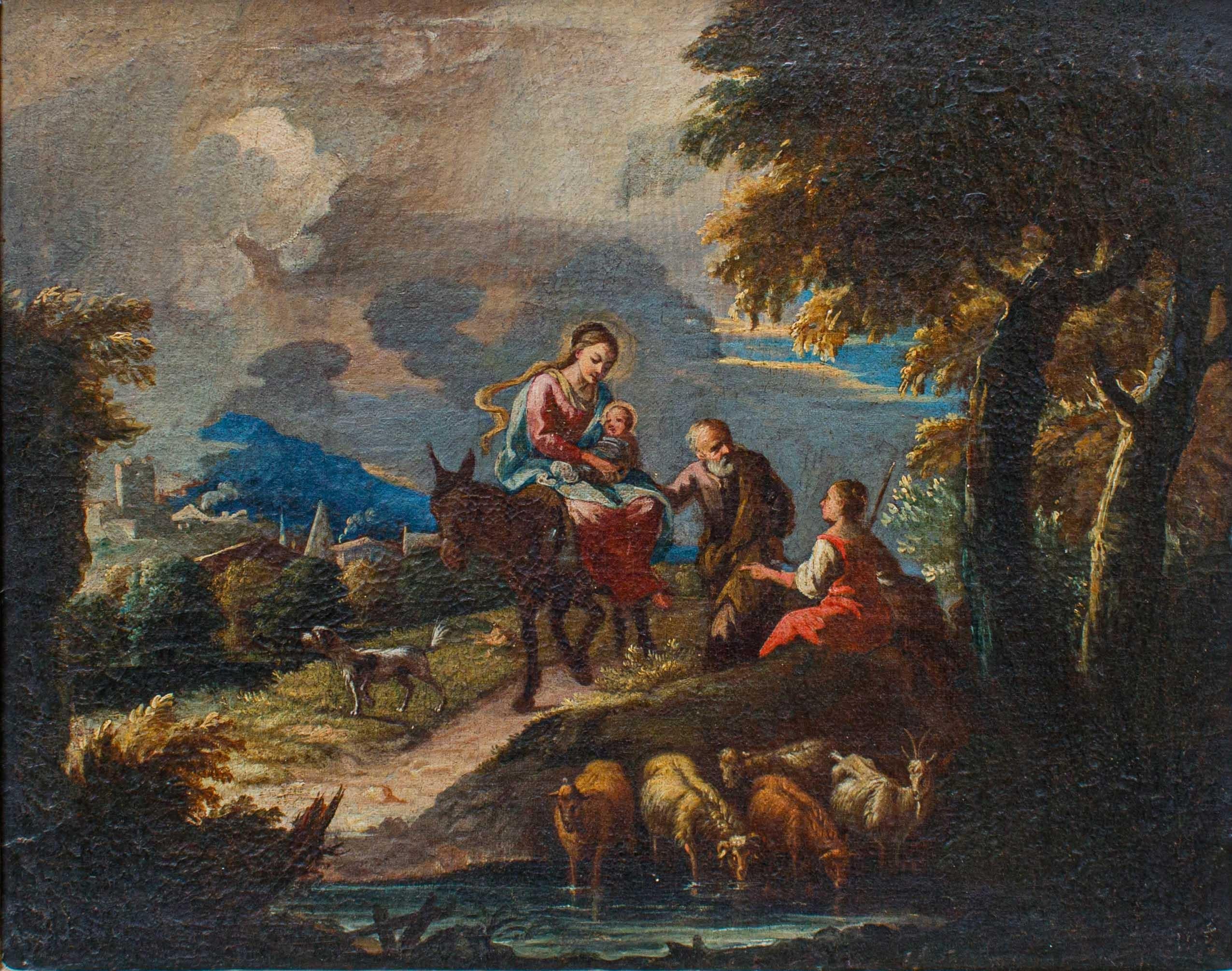 Rest during the flight into Egypt Oil painting on canvas Giuseppe Roncelli For Sale 1